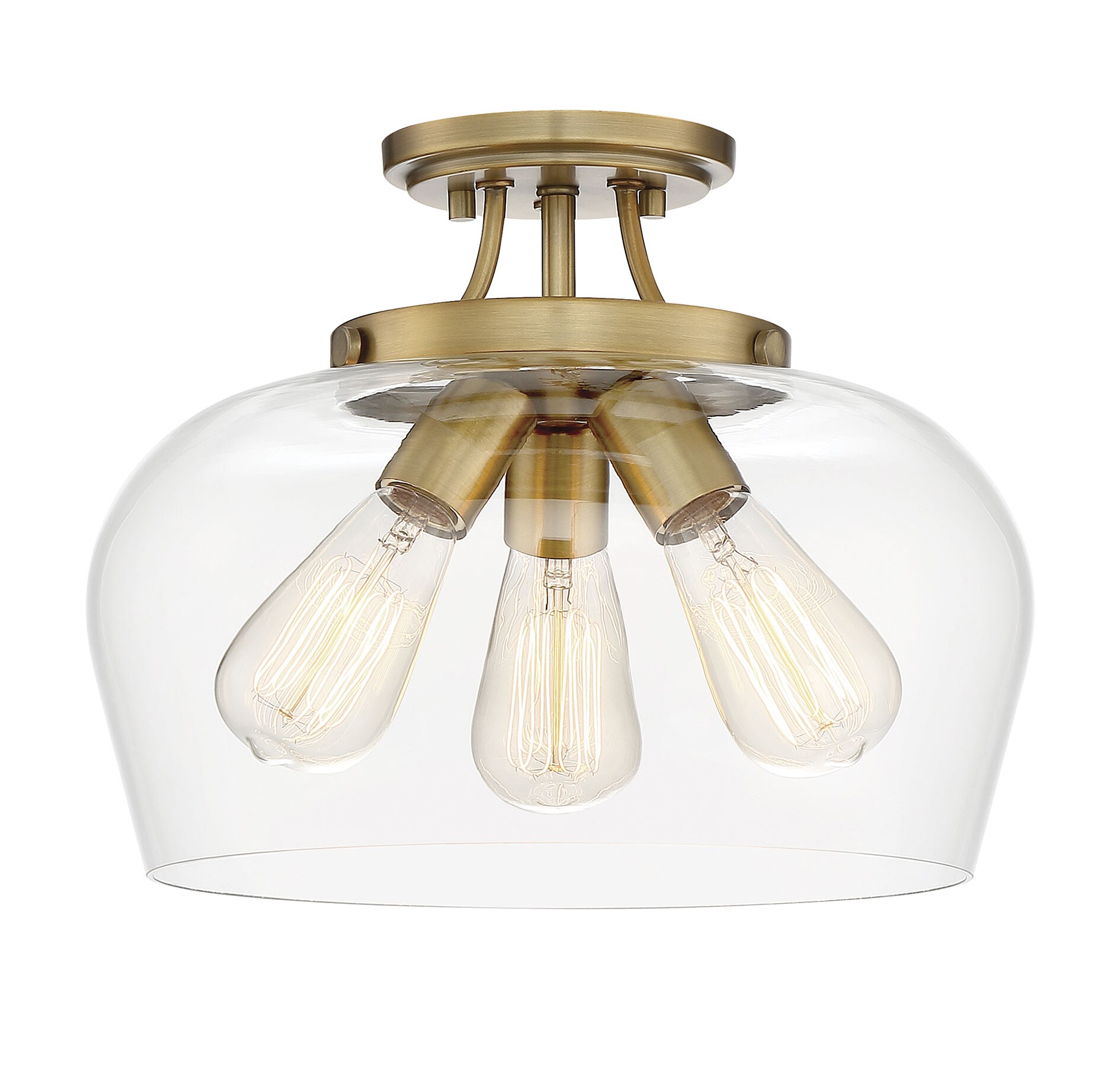 Elegant Warm Brass 3-Light Semi-Flush Mount with Curved Glass Shade