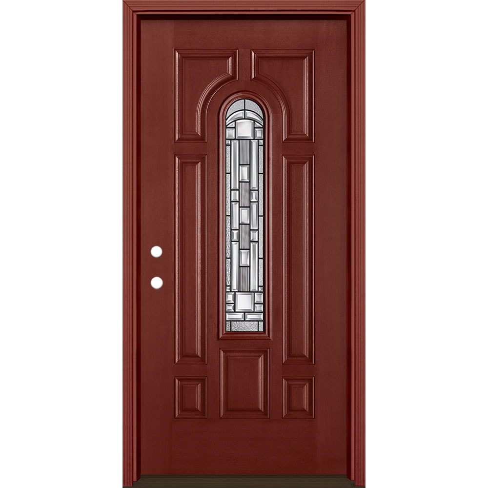 Masonite 3421132 Naples 36-in x 80-in x 4-9/16-in Fiberglass Center arch lite Right-hand inswing Wineberry Stained Prehung Single door Front Door with Brickmould Insulating core Decorative glass