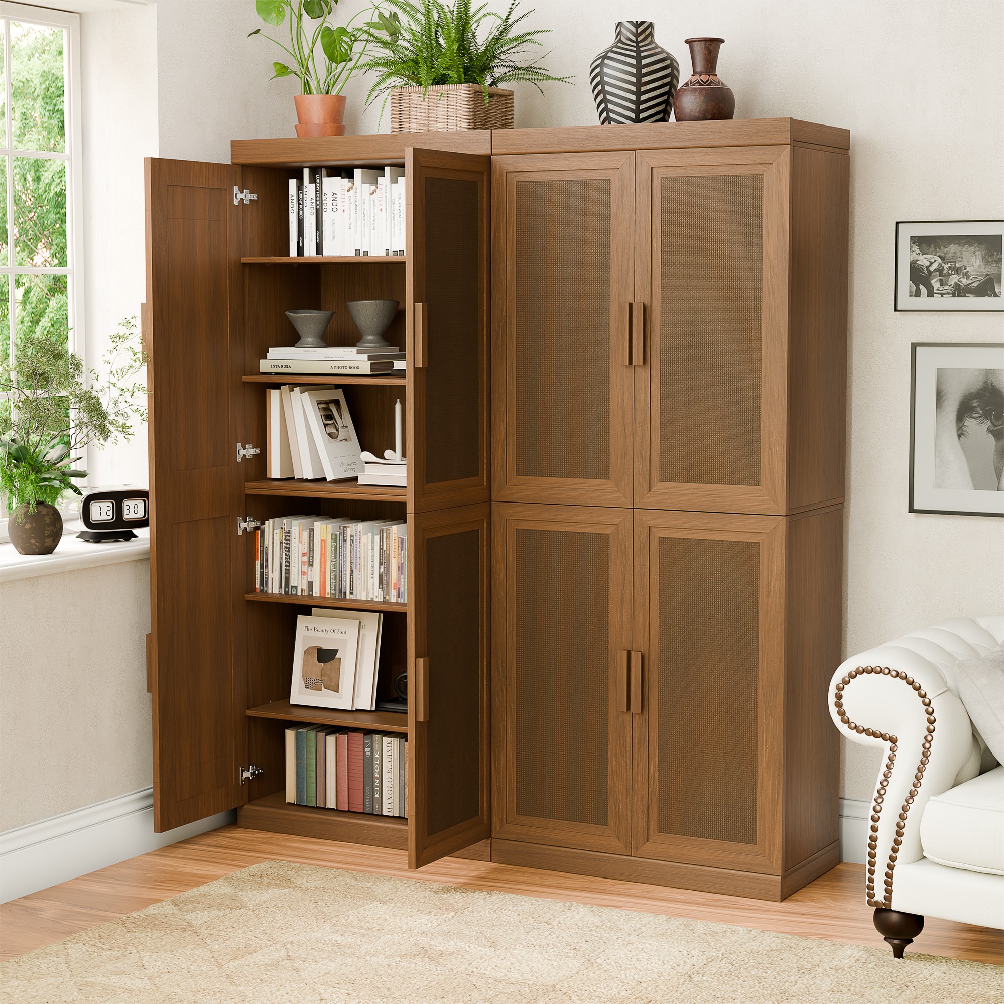 Vynxaria 31.10-in W x 15.75-in D x 72.05-in H Walnut Tall Storage Cabinet with Rattan Doors