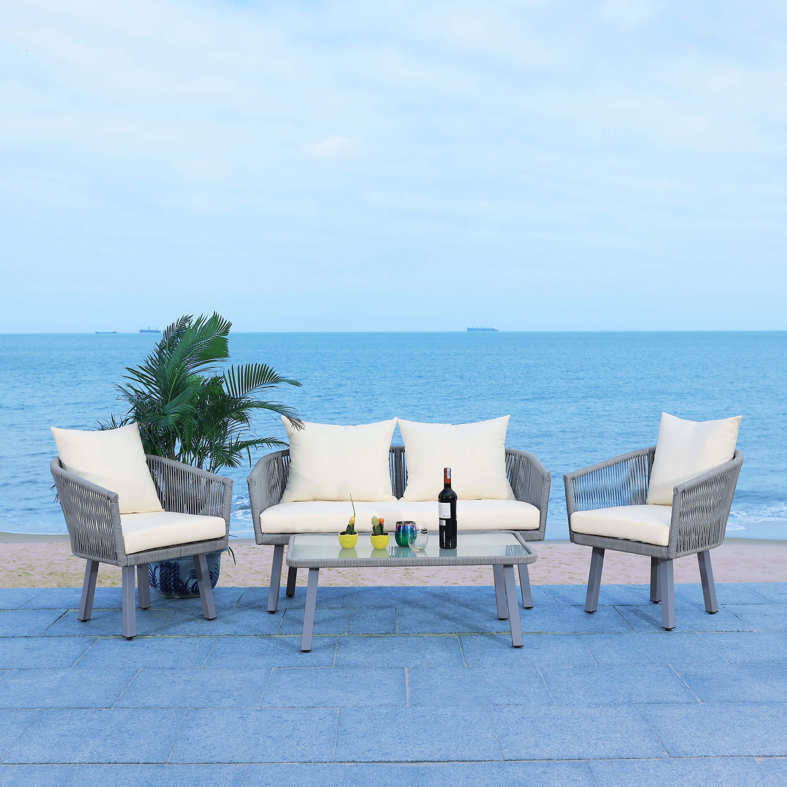 Belmi 4-Piece Grey/Beige Rope-Detailed Outdoor Patio Set