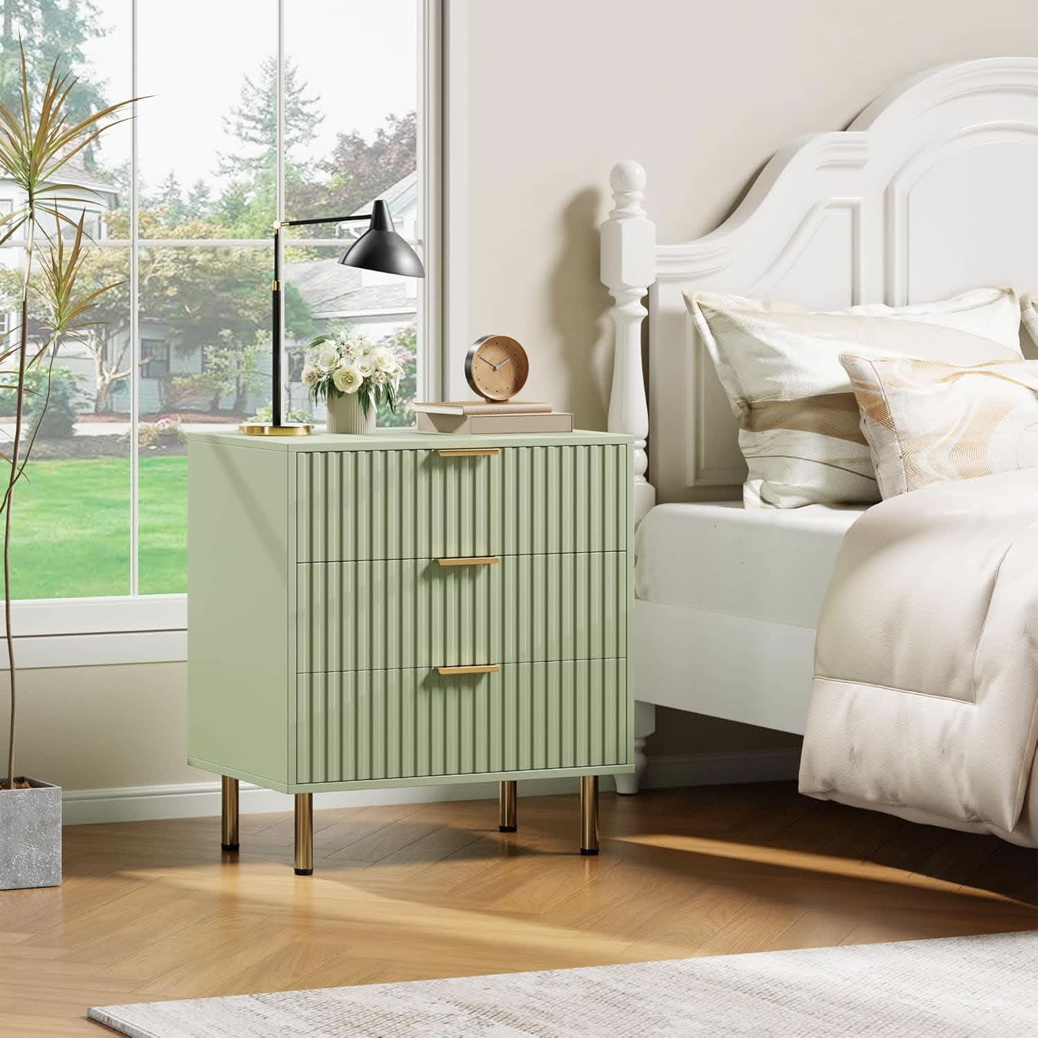 Qeetex MIE-PHO-33HDM6WP Green 3 Drawer Dresser for Bedroom - Fluted Modern Nightstand with Deep Drawers - Chest of Drawers with Wide Top - Wooden Dresser Organizer - Side Table for Living Room/Hallway/Kids Room