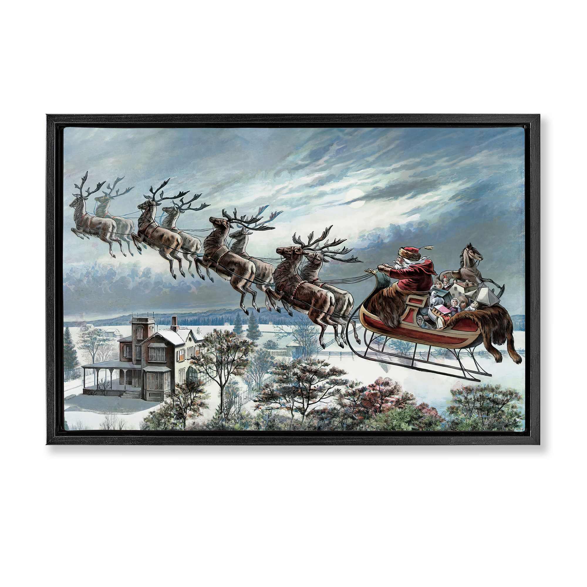 Stupell Industries BT-929-FFB-16X24 Santa's Sleigh over Town Black Framed Floater Canvas Wall Art By Arlington Prints 25 x 17