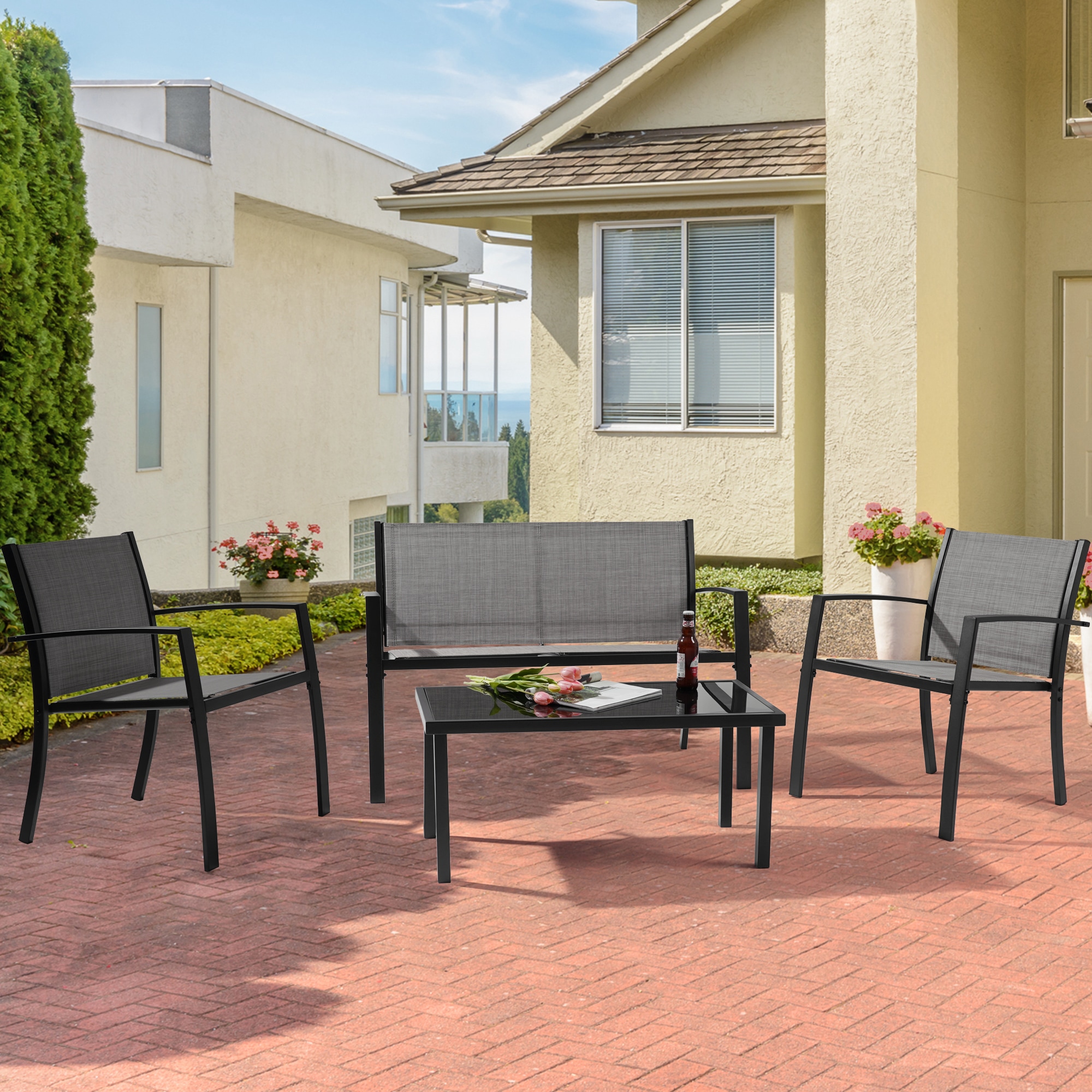ACEGOSES LW-370GY 4 -Piece Wicker Patio Sofa Conversation Set with Gray