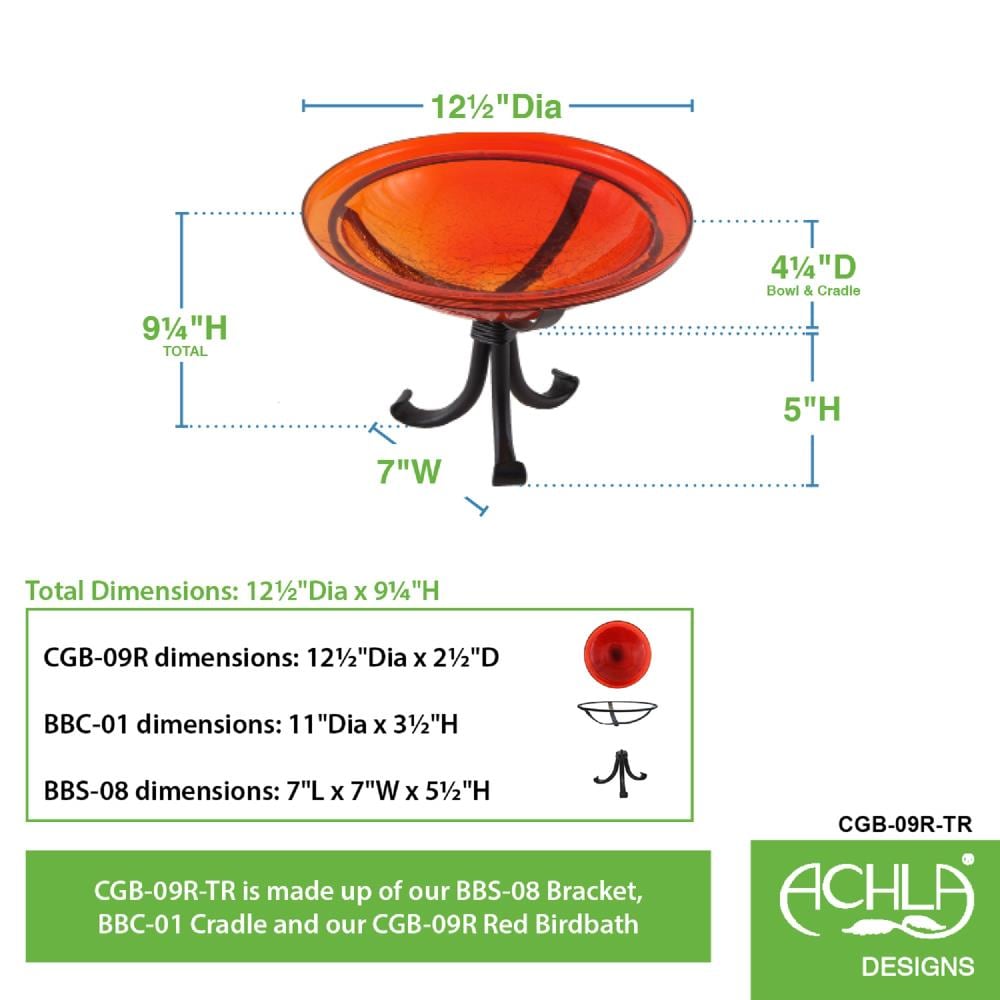 Red Hand Blown Crackle Glass Birdbath with Wrought Iron Stand