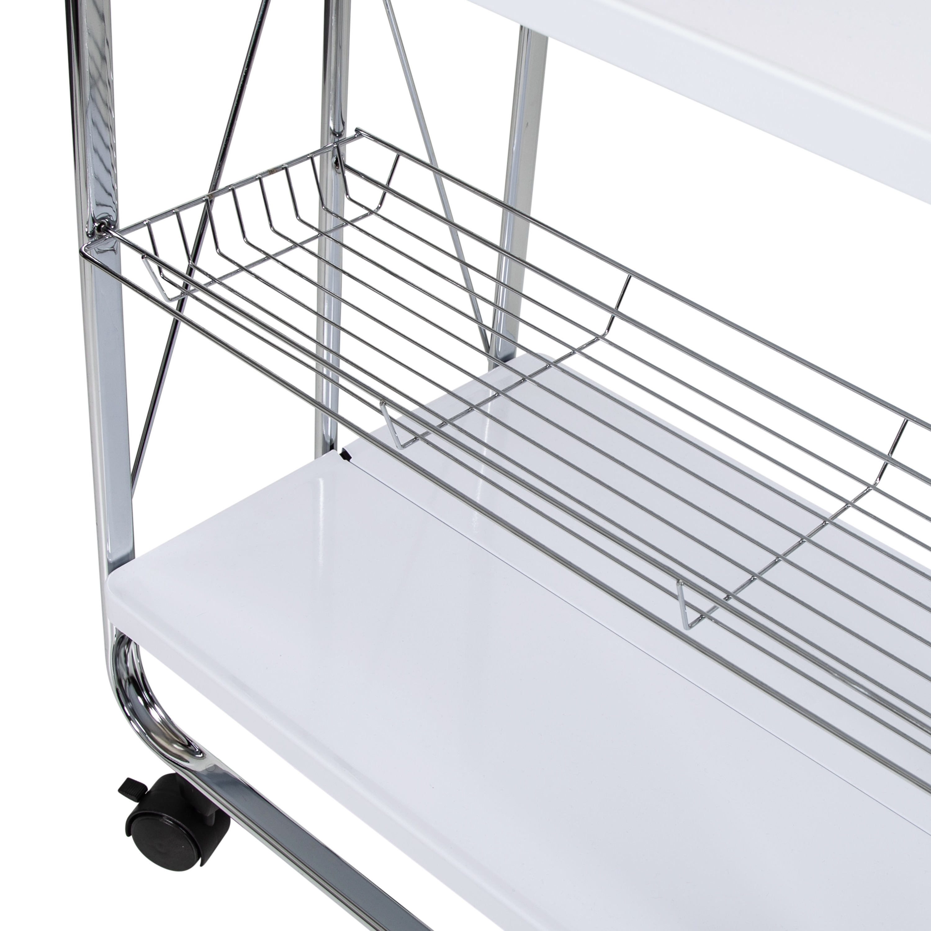 White and Chrome Foldable Kitchen Cart with Storage