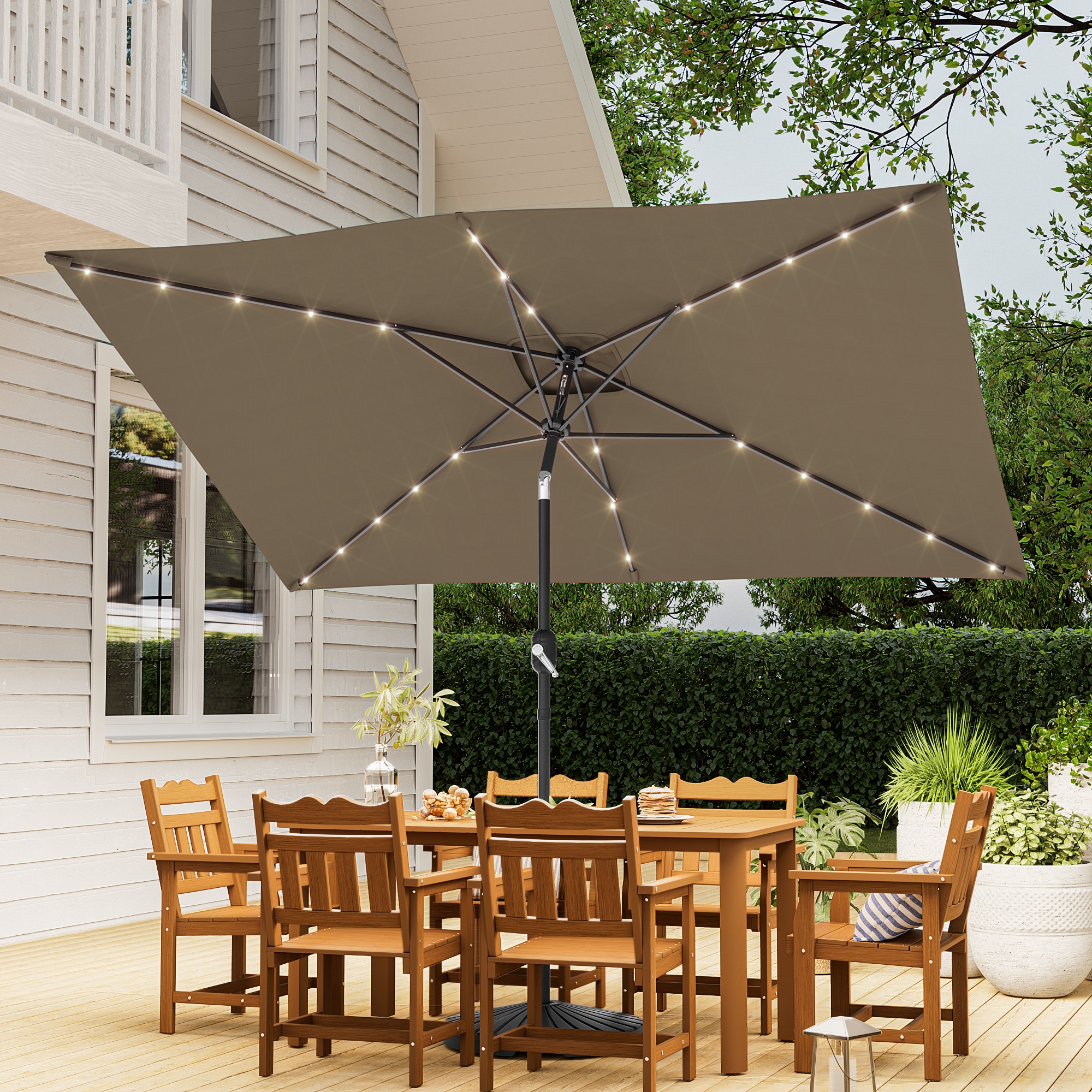 ACEGOSES - 10-ft Steel Tan Push-button Tilt Market Patio Umbrella with Lights