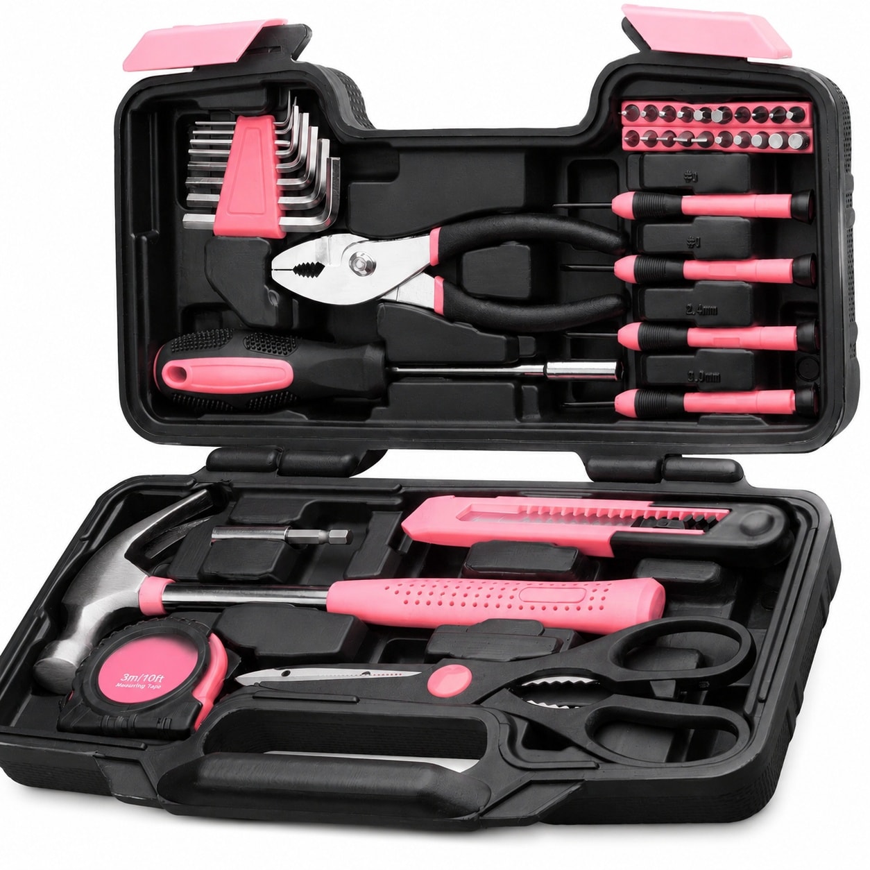 Linder Group Inc 39 Piece Home Tool Set Kit Essential Household Hand Tools with Plastic Storage Case Hammer Pliers Screwdrivers Tape Measure Pink