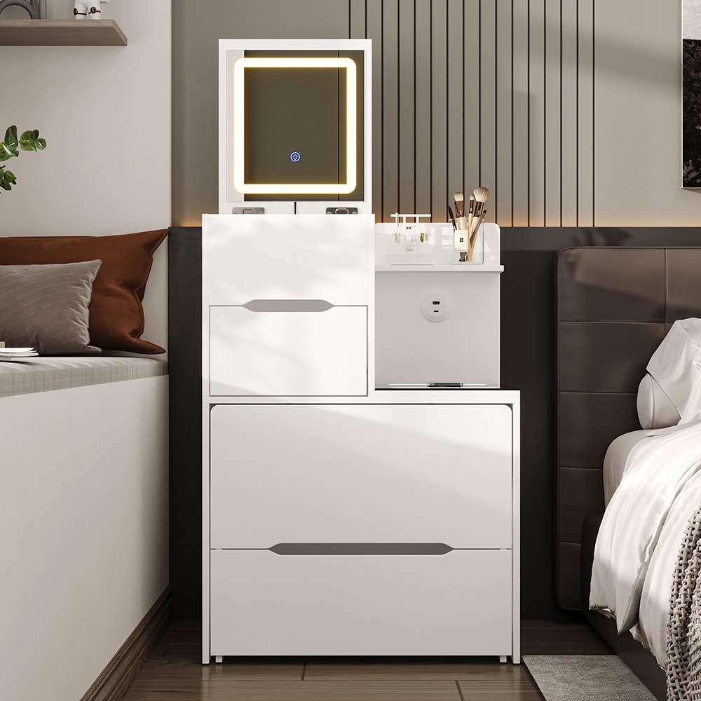 Homsee V-KF210337-01 White Modern Vanity Table with Flip Top Mirror Wireless Charging USB Ports and Stool 2 Drawers with 3 Color LED Lights