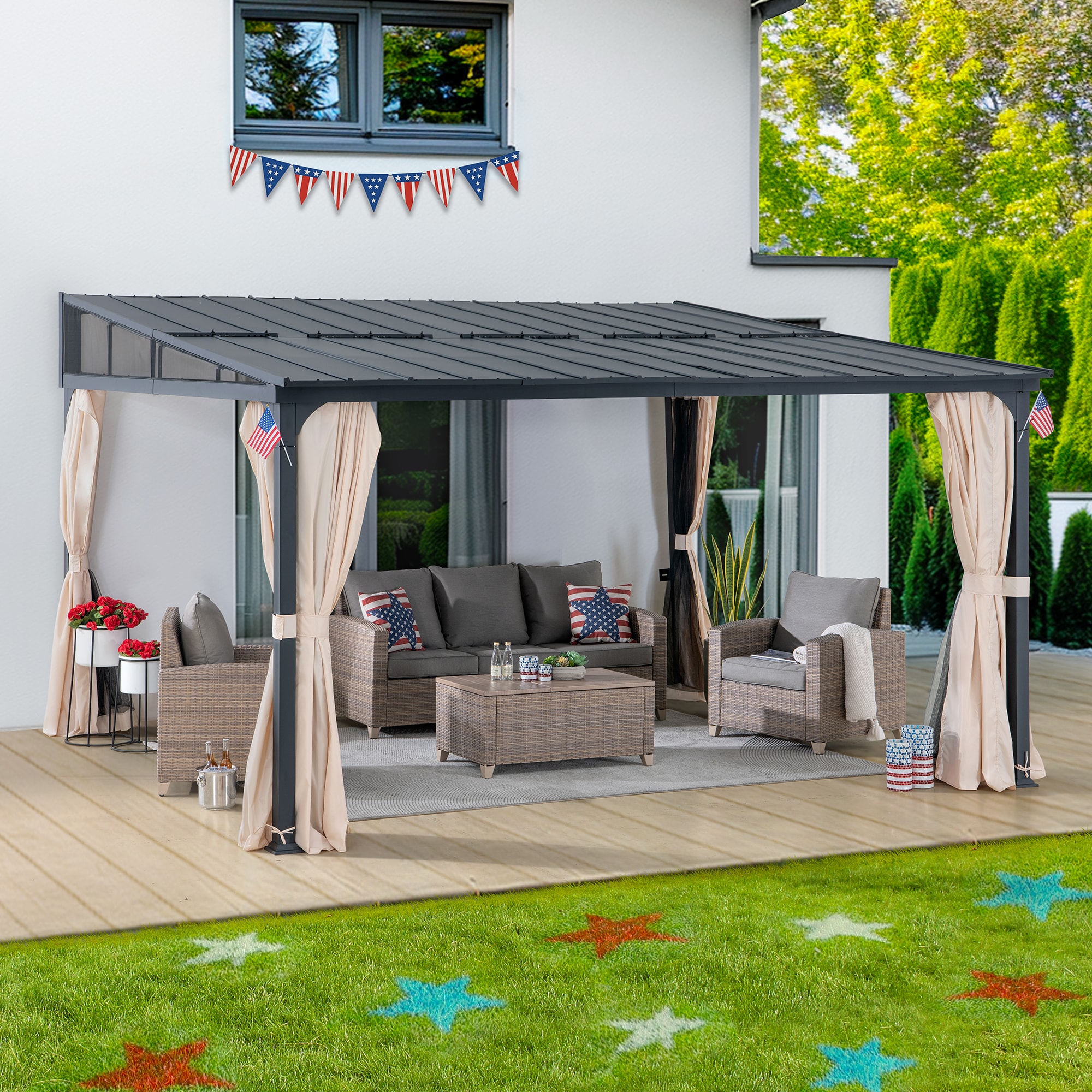Large Black Wall-Mounted Gazebo with Curtains and Netting