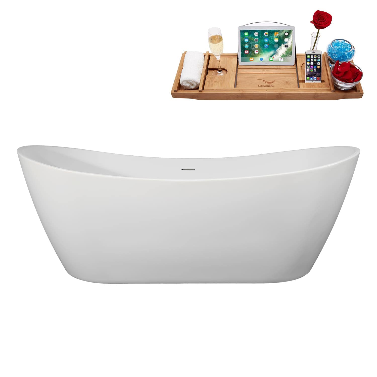Streamline 75 inch  Soaking Matte White Freestanding Tub and Tray With Internal Drain in Brushed Brass