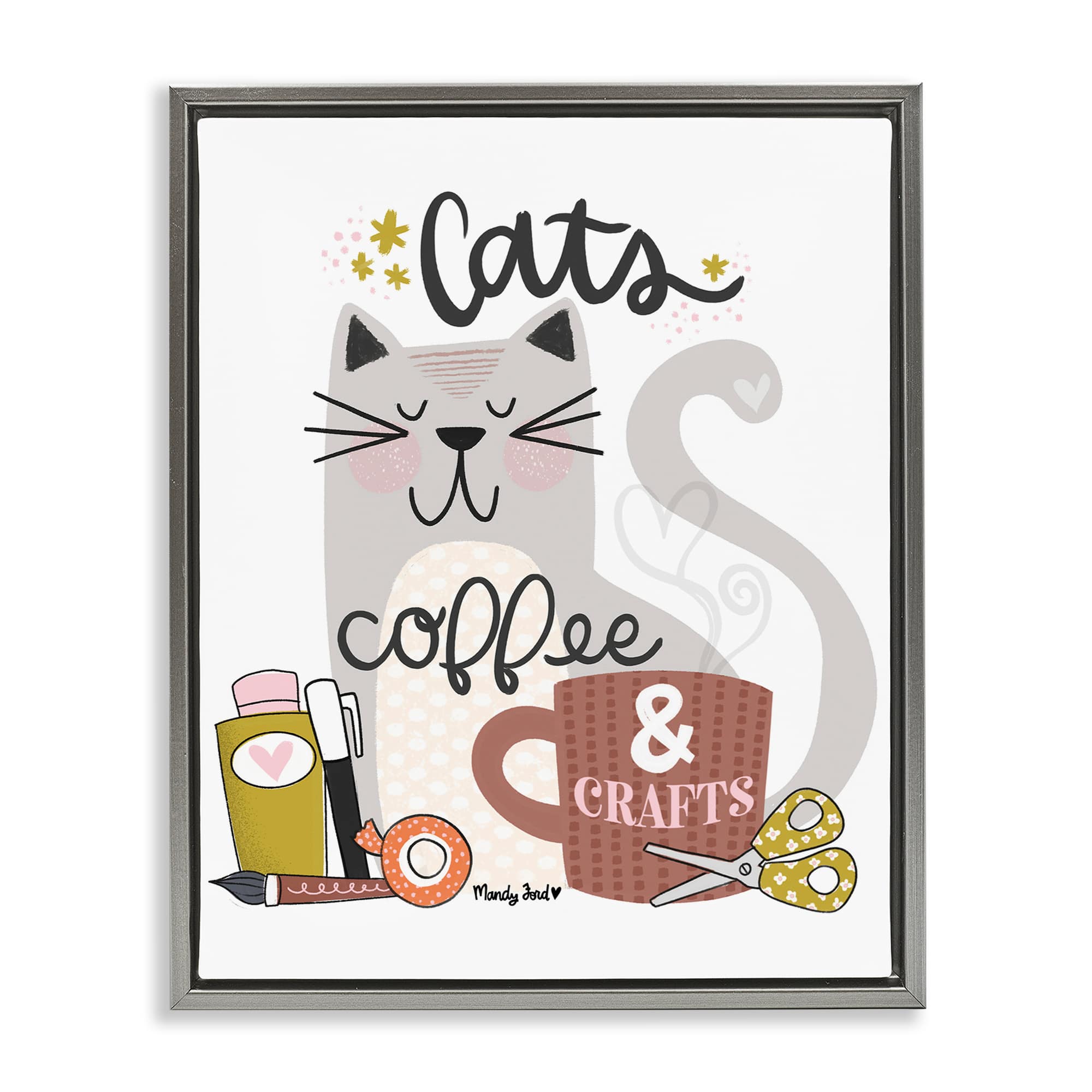 Stupell Industries BS-310-FFL-24X30 Cats Coffee and Crafts Gray Framed Floater Canvas Wall Art By Mandy Ford Art + Illustration 25 x 31
