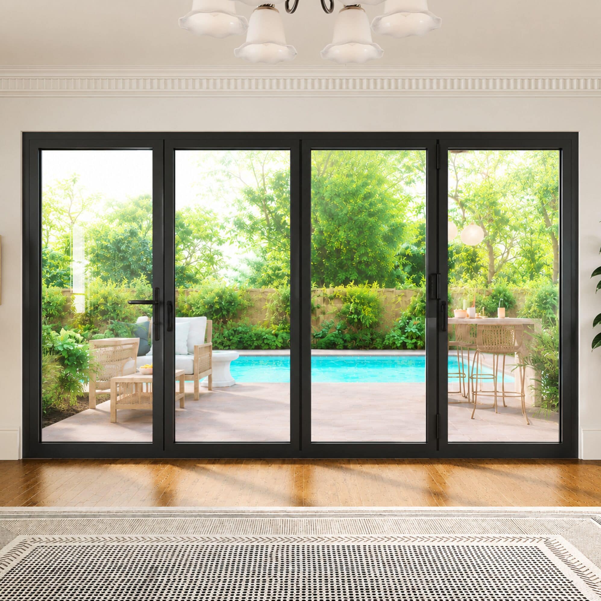 AINLARRY - 144-in x 80-in x 3-in Jamb Black Aluminum Right-hand 4-panel Folding Patio Door with L...