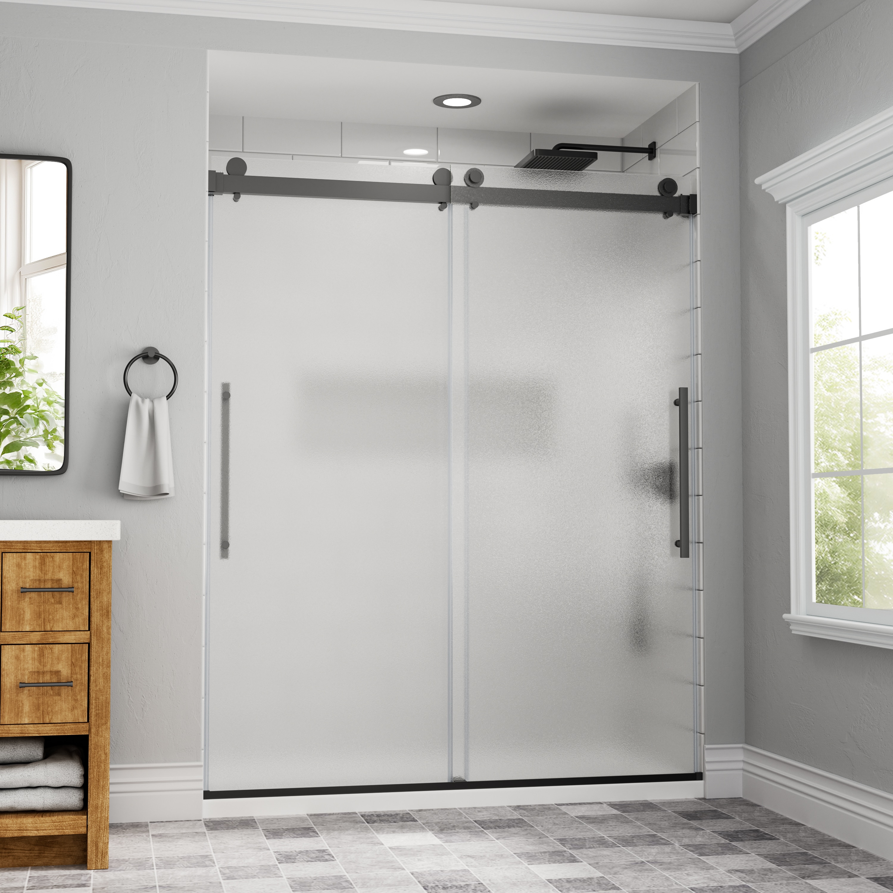 Yuaris 56 in. - 60 in. W x 74 in. H Double Sliding Frameless Shower Door in Matte Black with 1/4 in. Frosted Glass