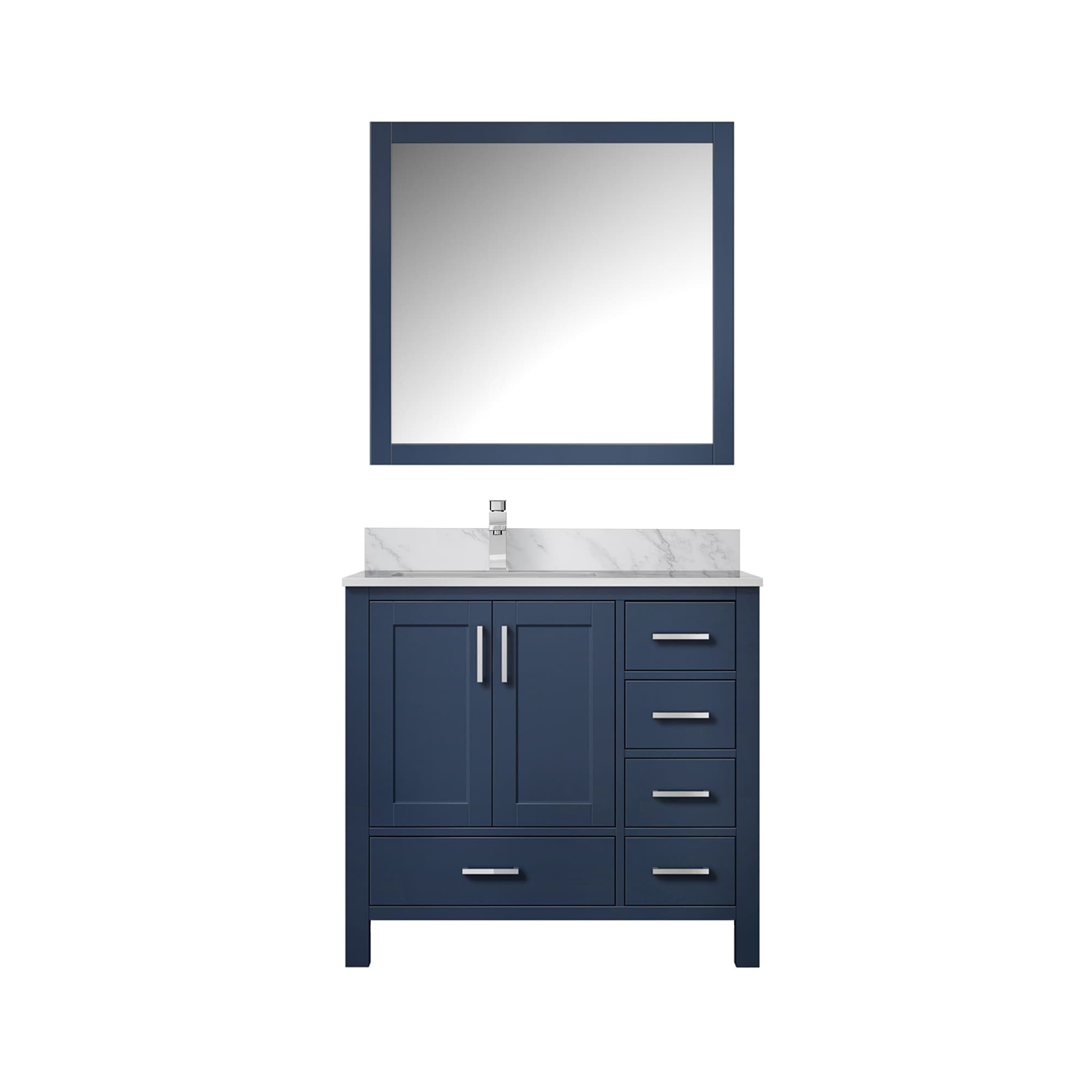 Lexora LJ342236SEDSM34FL Jacques 36-in Navy Blue Undermount Single sink Bathroom Vanity with White Carrara Marble Marble Top (Mirror Included) (Faucet Included)