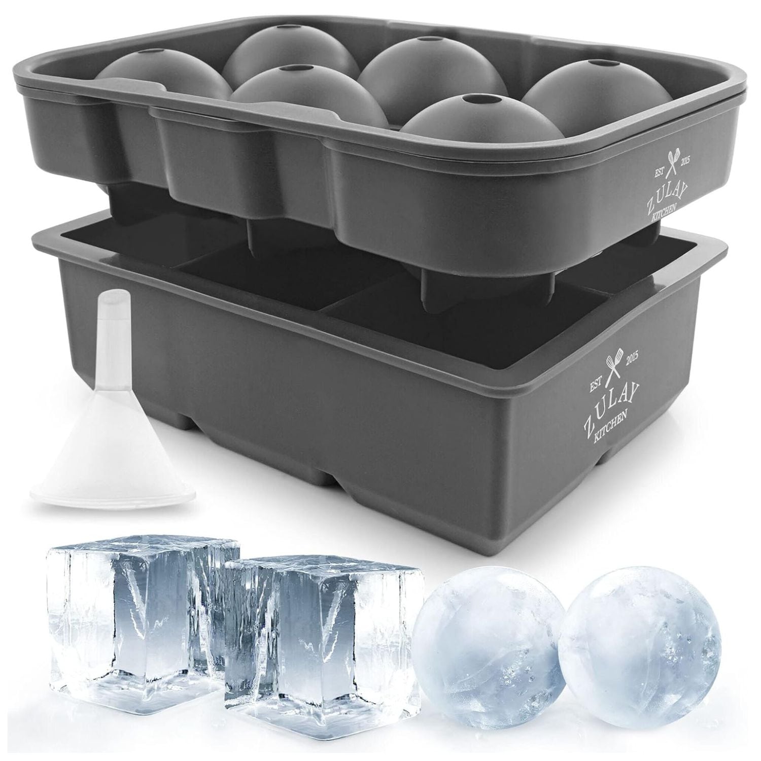 Zulay Kitchen Silicone Ice Cube Trays Set of 2 Large Square Ice Cube Mold and Sphere Ice Ball Maker with Lid Reusable Ice Mold for Whiskey Cocktails Bourbon Drinks