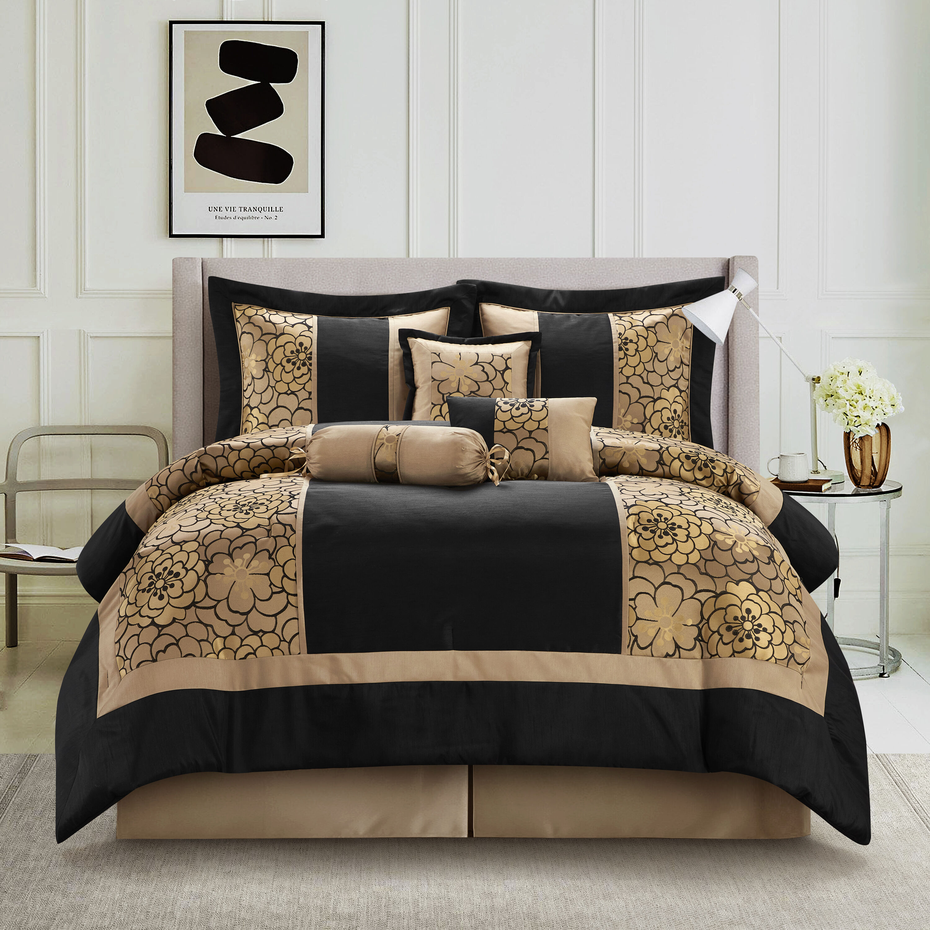 Grand Avenue Sibyl 7-Piece Black/Gold Queen Comforter Set in the