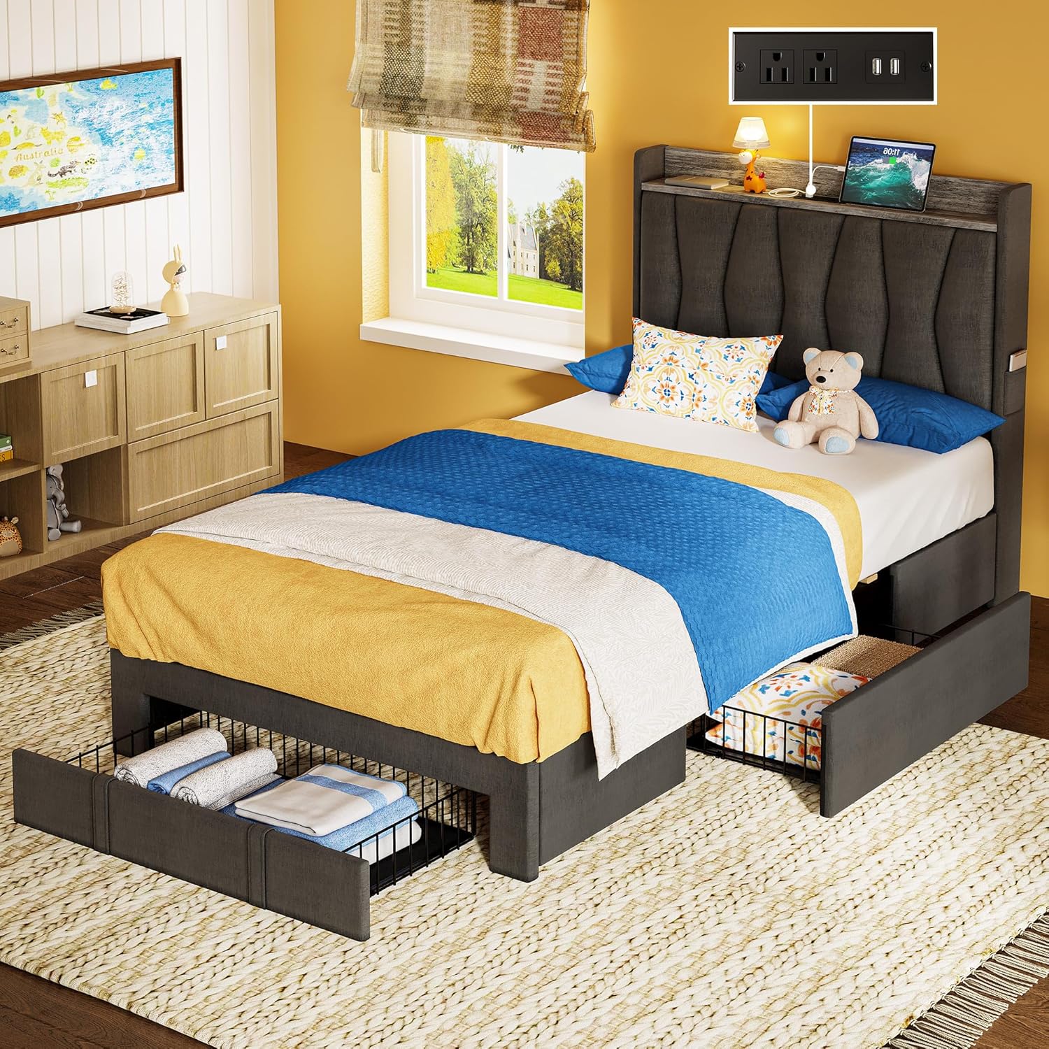 Anctor SIKJIR4TB2F7AYQ8 40.09-in W Grey Twin Bed Frame with 3 Drawers and Upholstered Platform