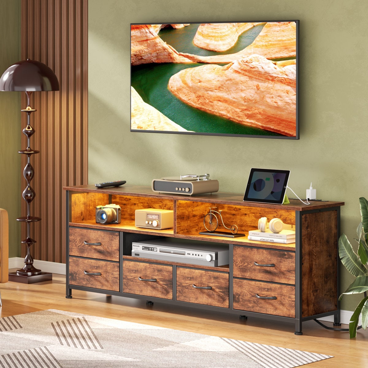 Furologee 55 Inch TV Stand Dresser with Charging Station LED Lights 6 Fabric Drawers Entertainment Center for TVs up to 60 Inch Media Console