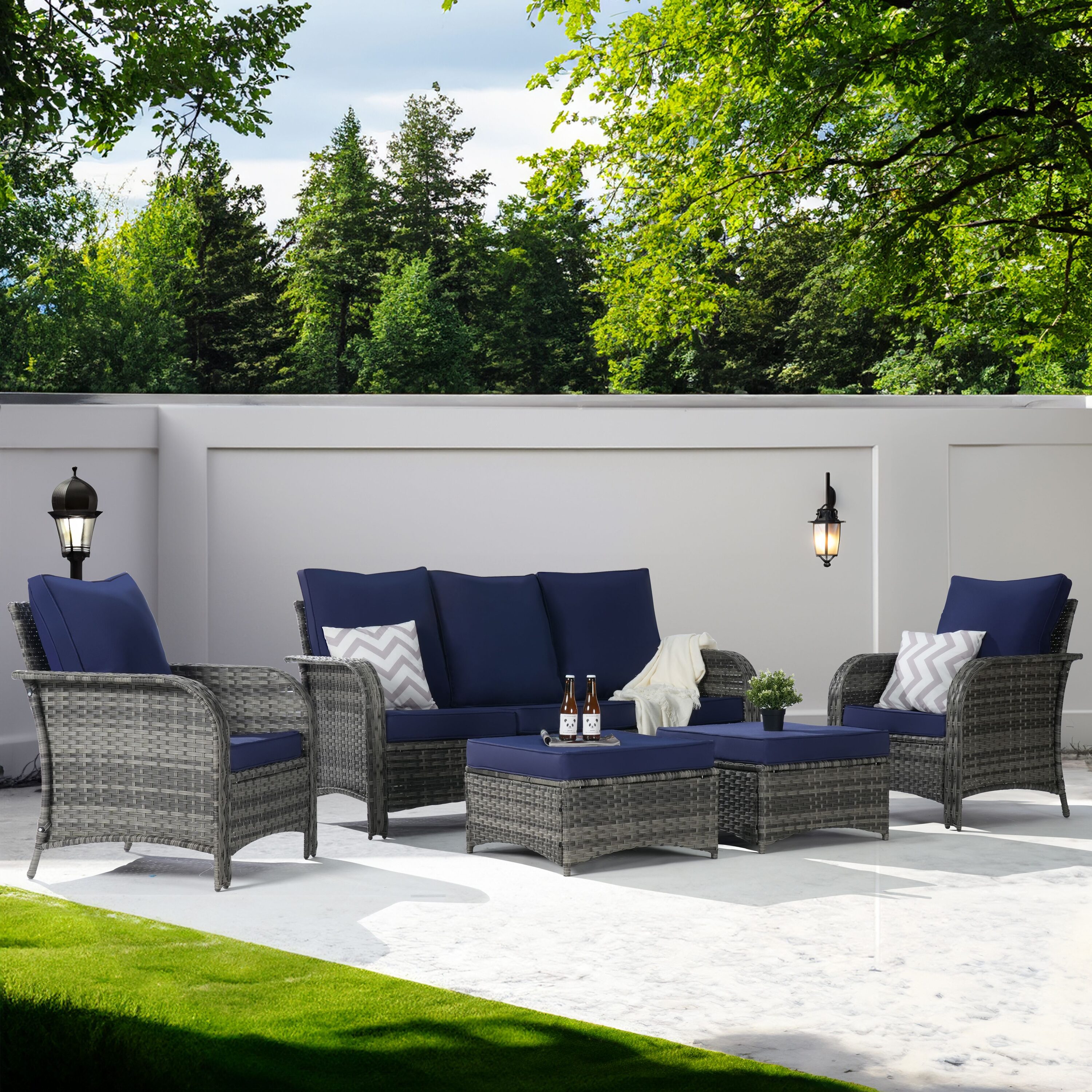 SANSTAR L-WS800-NY 5 -Piece Rattan Patio Sofa Conversation Set with Blue Cushions