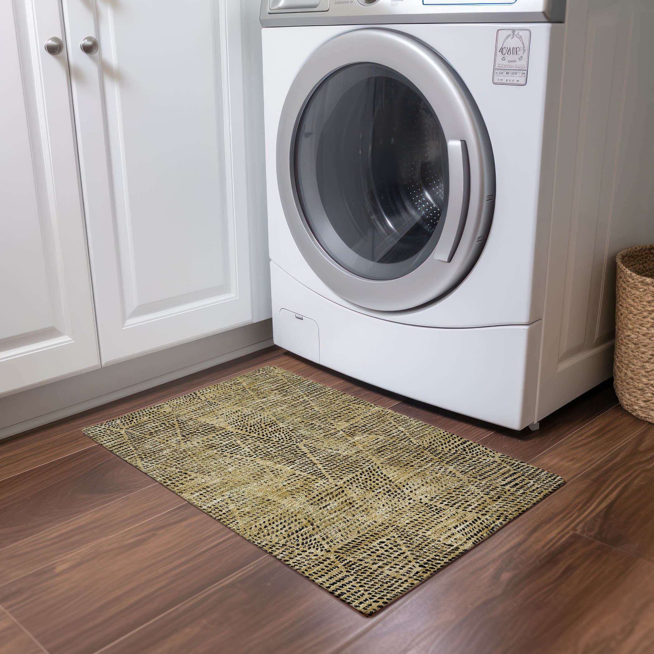Gold and Black Diamond Pattern Washable Synthetic Rug