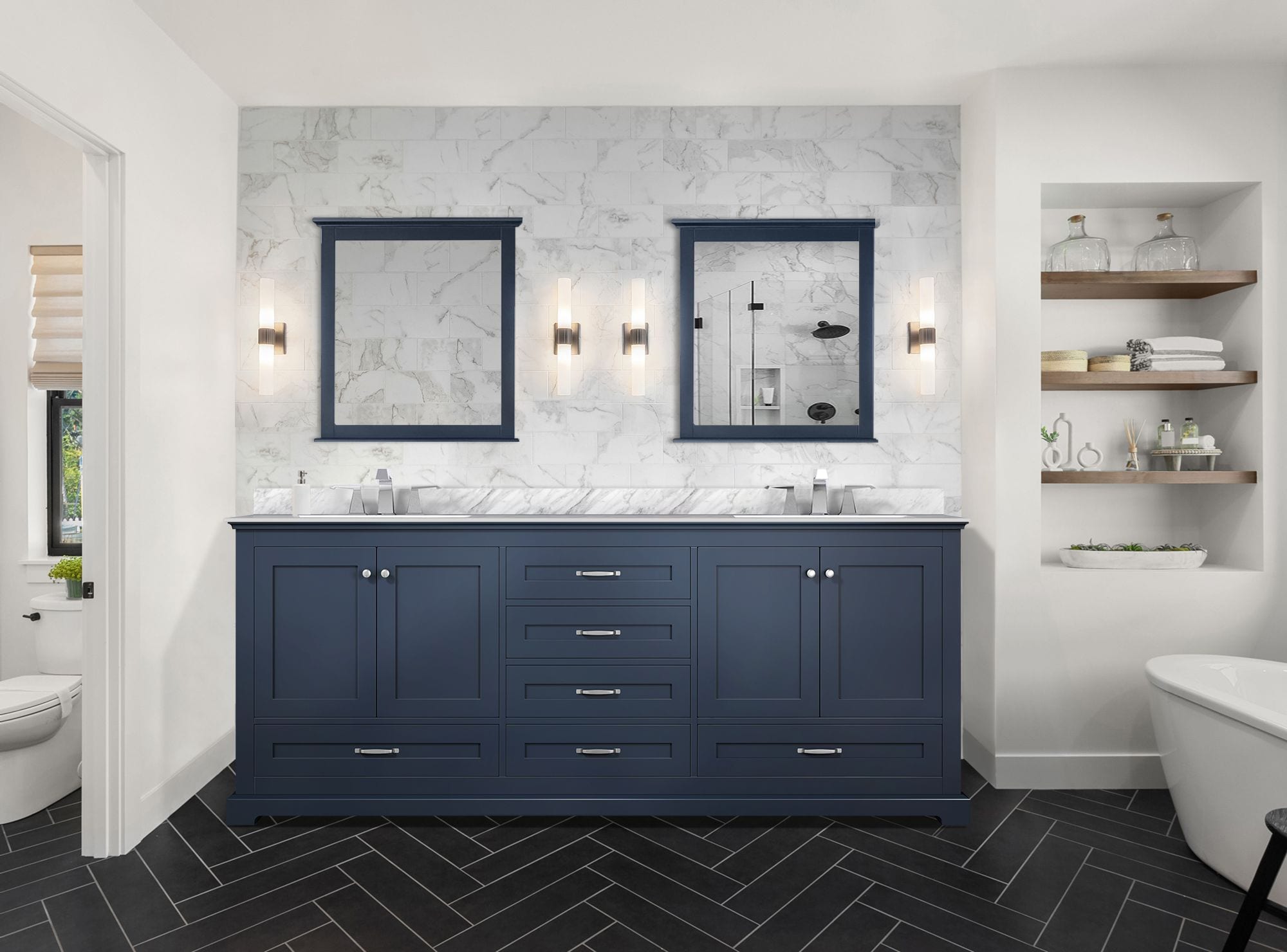 Lexora Dukes 80-in Navy Blue Bathroom Double in Top (Mirror Undermount the Carrara Faucet at department Marble Vanity White with Sink Vanities Included) Bathroom with and Tops