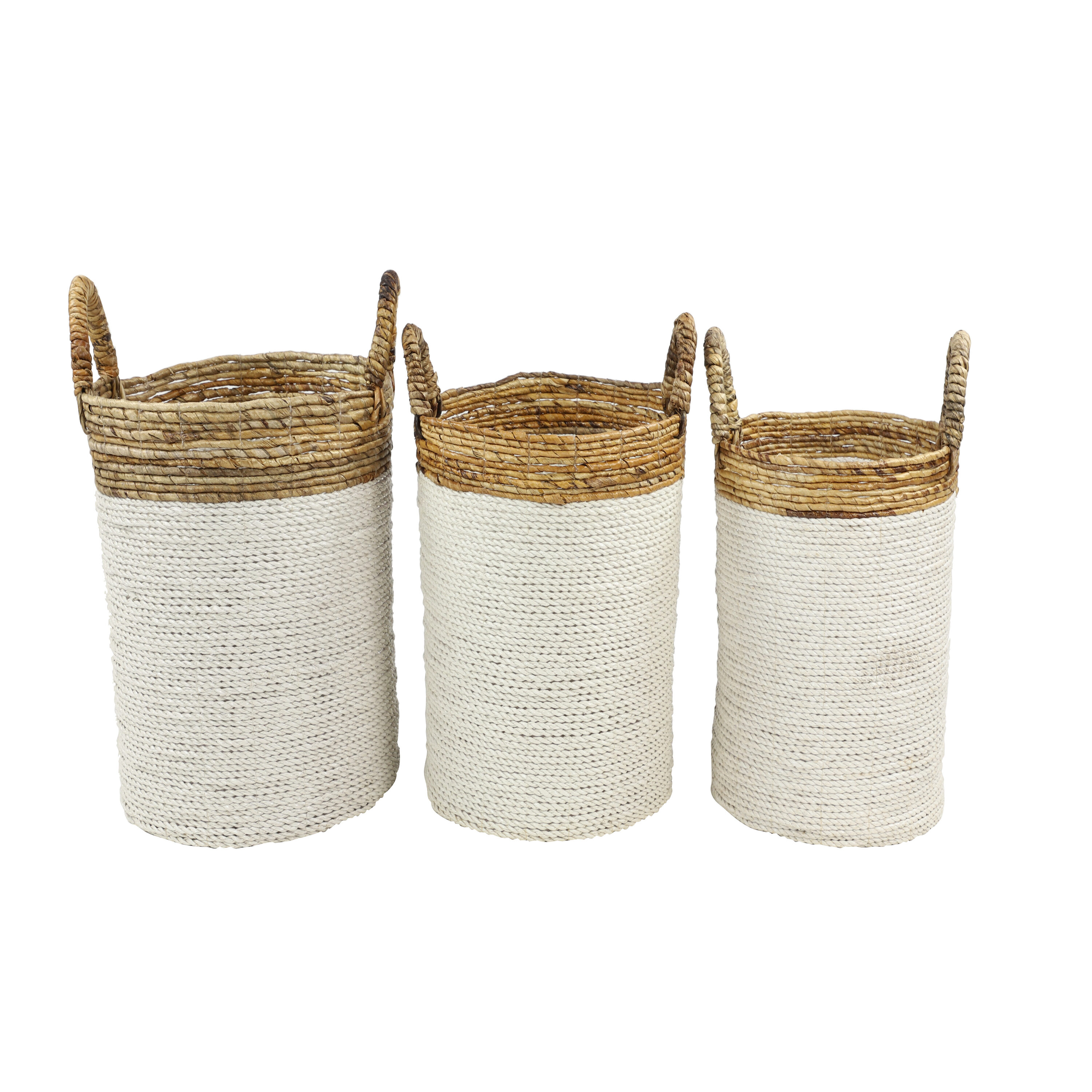 Handwoven White and Natural Seagrass Round Storage Baskets, Set of 3