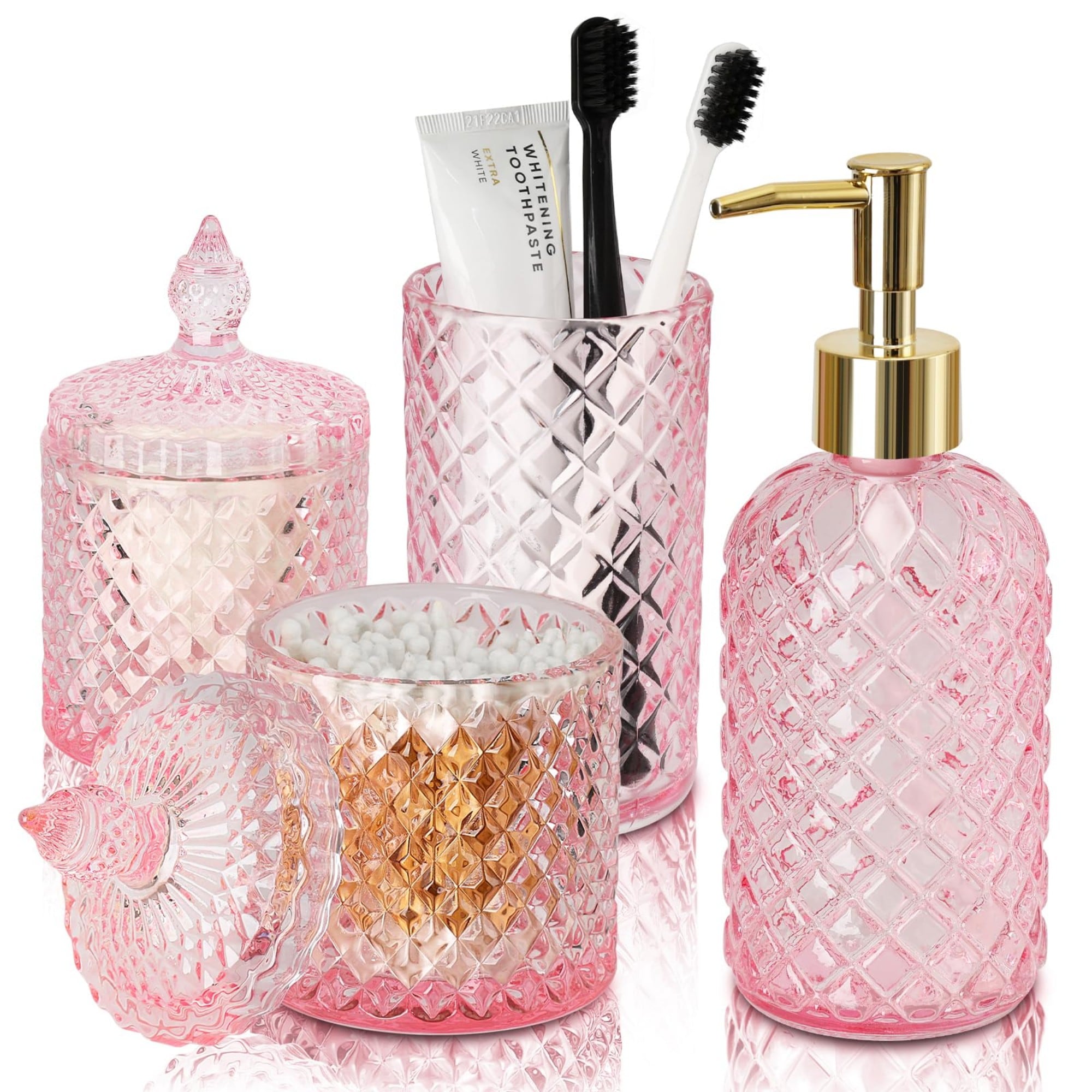 Wudkey 4 Pack Glass Bathroom Counter Organizer Sets Pink