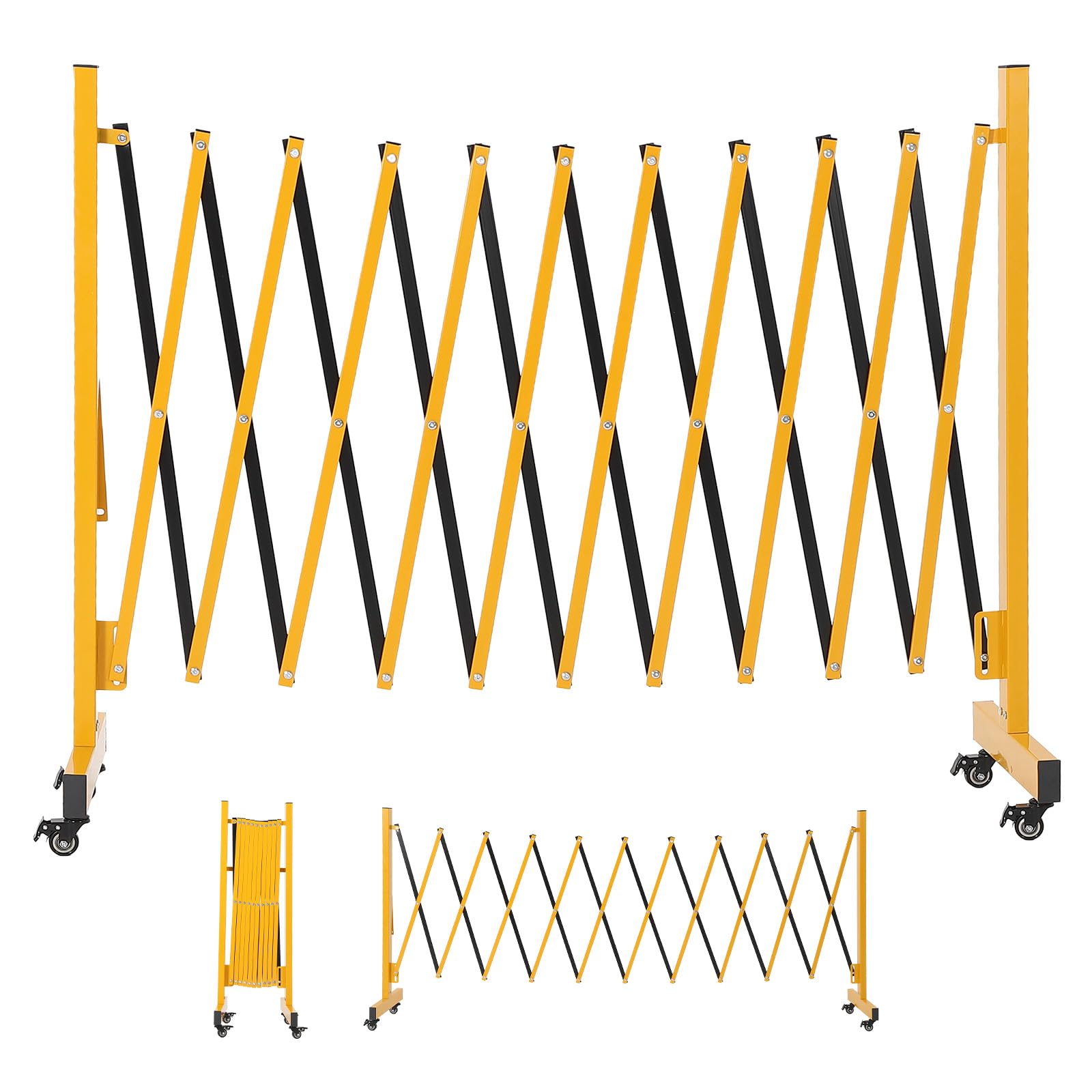 Aoile Portable Retractable Iron Driveway Barrier 11x3.4 ft Industrial Folding Security Fence with Casters