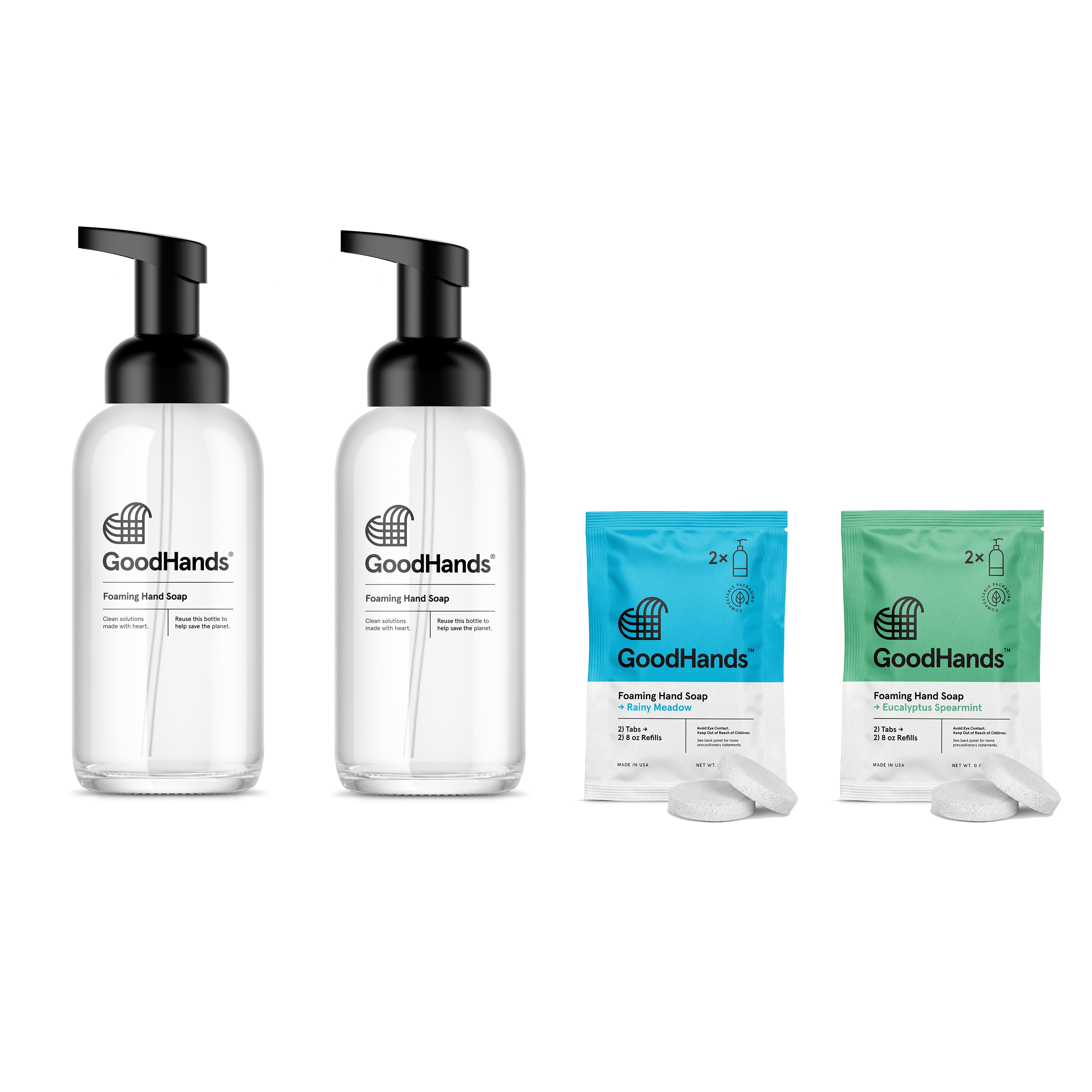 GoodHands 2SOAPKIT Kit with Eucalyptus Spearmint Scented and Rainy Meadow Scented Foaming Hand Soap Dissolving Tabs with Reusable Glass Bottles 2 -Pack -Count Eucalyptus Spearmint and Rainy Meadow Foaming Hand Soap