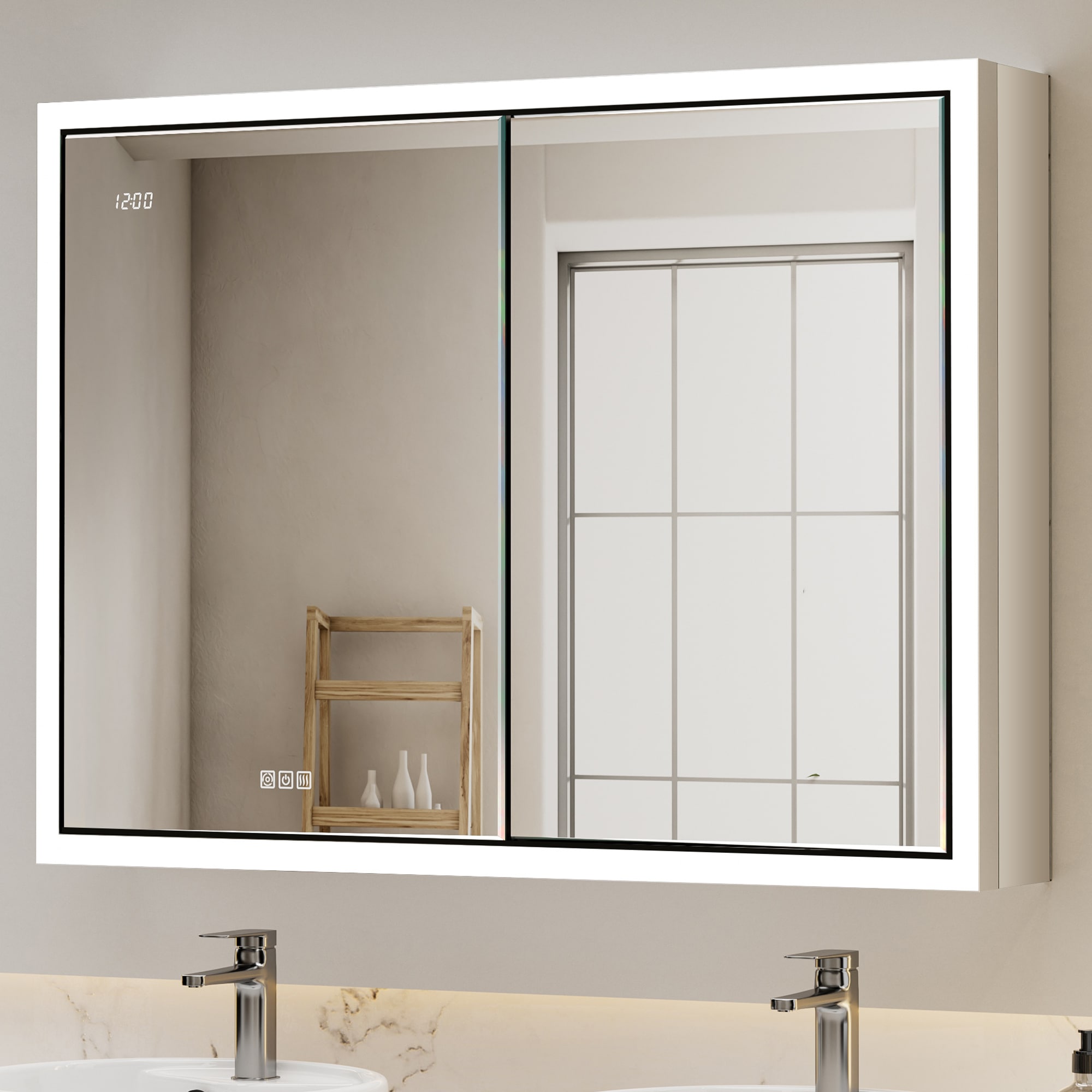 QueenFun Lighted Medicine Cabinet 40-in x 30-in Lighted LED Fog Free Surface/Recessed Mount Silver Mirrored Rectangle Soft Close Medicine Cabinet with Outlet #C-BLMC4030