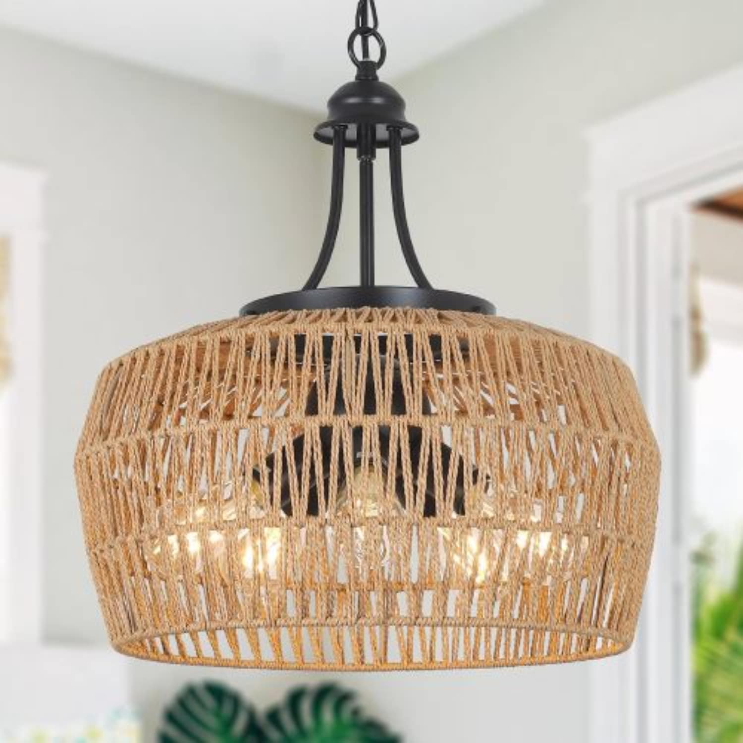 ZHLLMQ Farmhouse 5-Light Brown Barrel Woven Wicker 18.1in Island Bedroom Hardwired Pendant Light