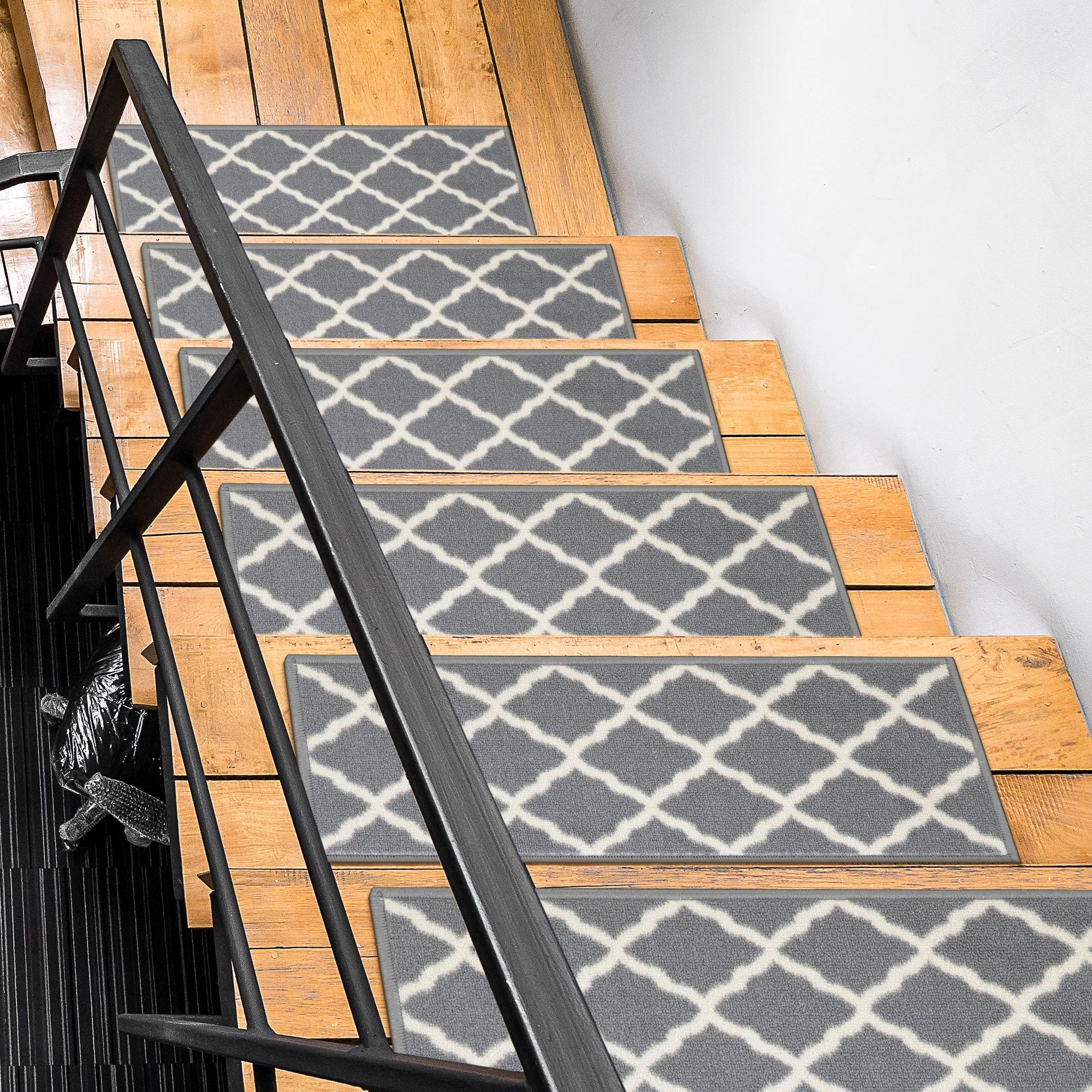 Ottomanson CRM8023-7PK Non-Slip Stair Mat 7 Pack 1 x 2 (ft) Loomed Nylon Gray Rectangular Indoor Trellis Moroccan Stair tread rug