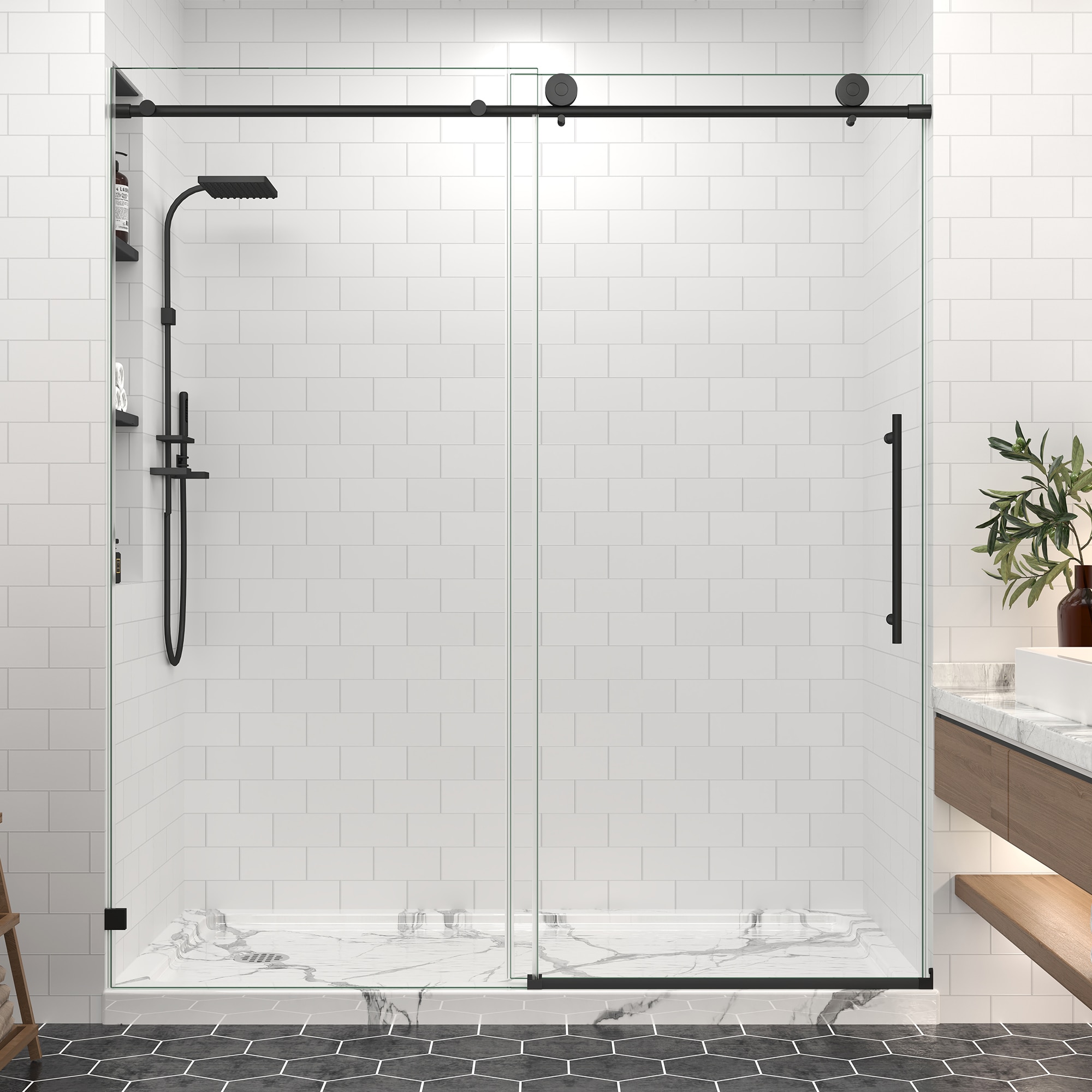 Matte Black 61-in to 65-in W x 76-in H Frameless Clear Glass Sliding Shower door