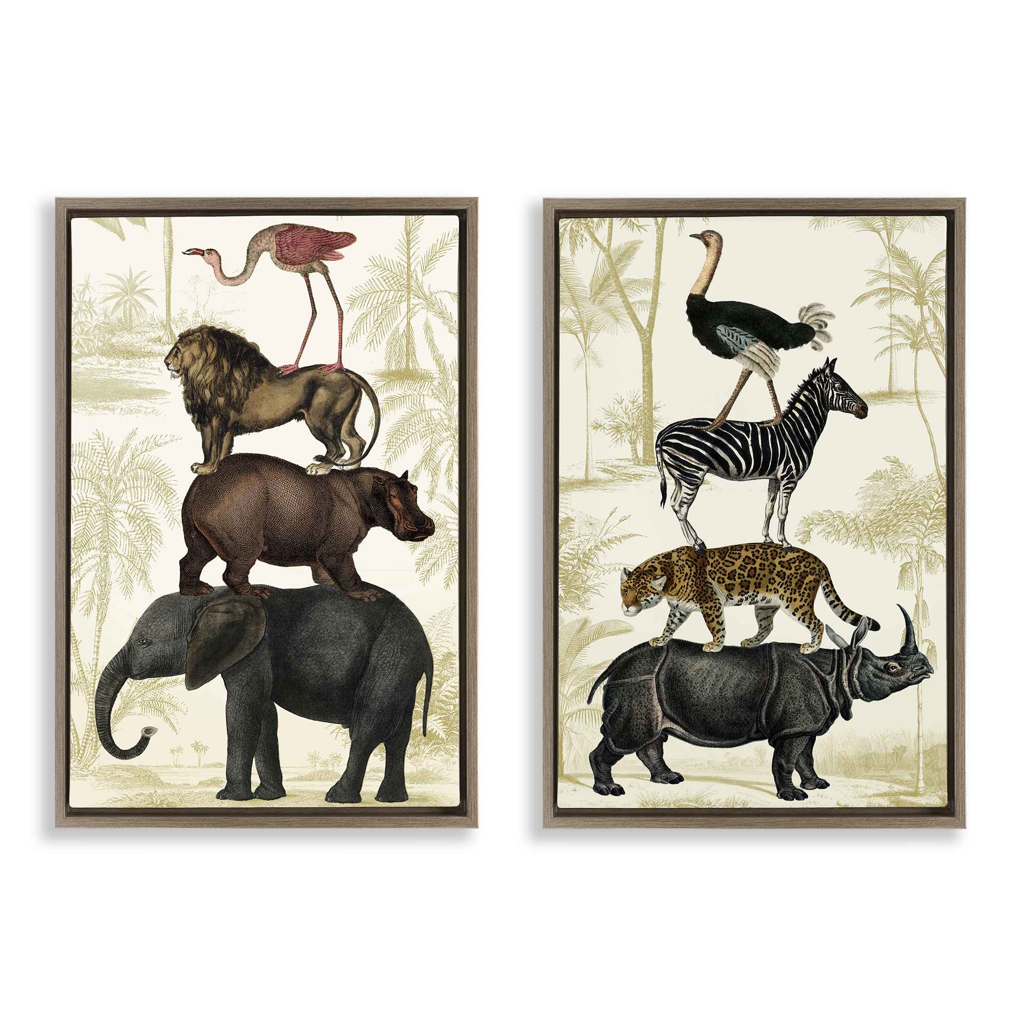 Stupell Industries B2-770-FFE-2PC-20X30 Stacked Safari Animals 2 Piece Brown Framed Floater Canvas Set By Victoria Barnes 21 x 31