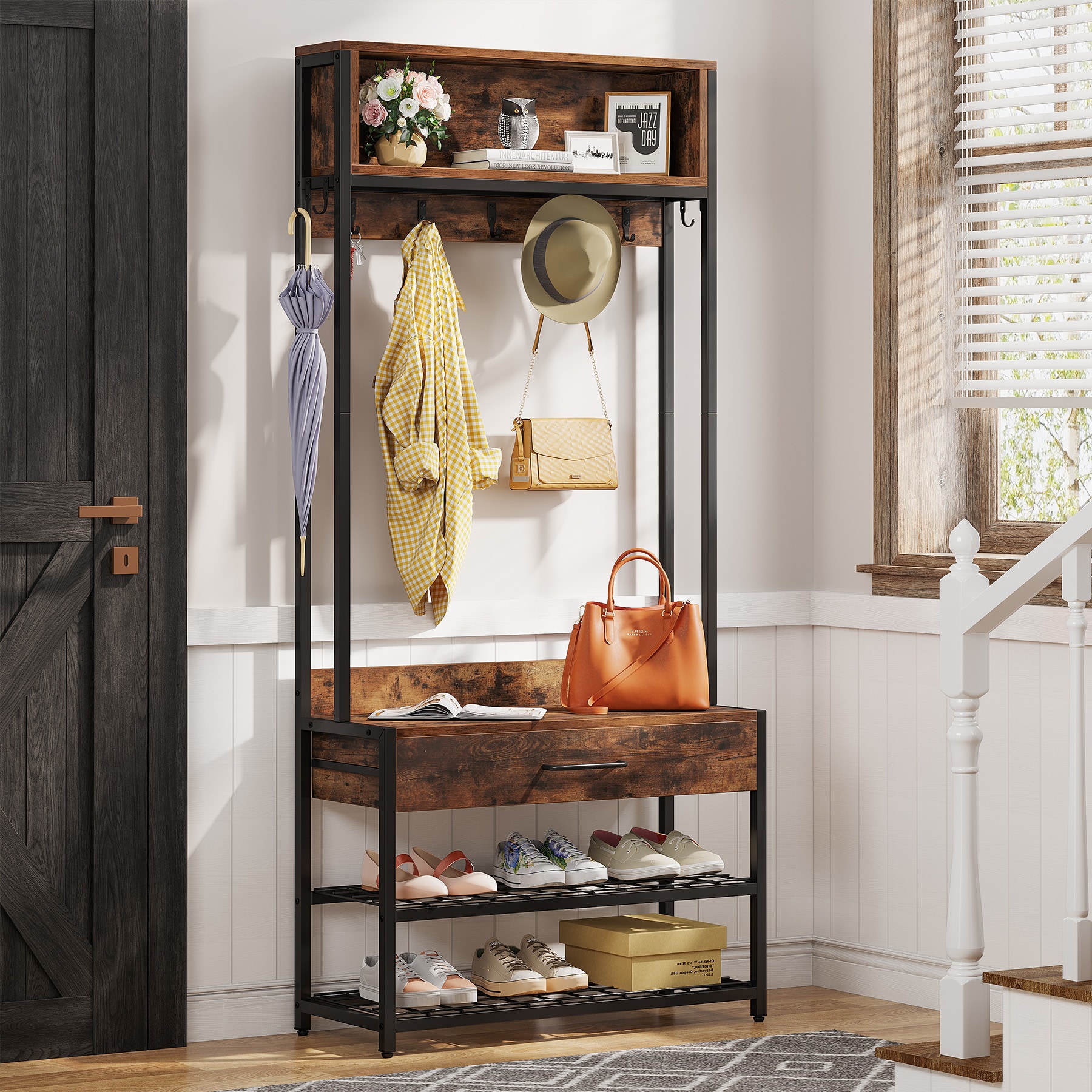 Tribesigns 4-in-1 Entryway Hall Tree with Side Storage Shelves