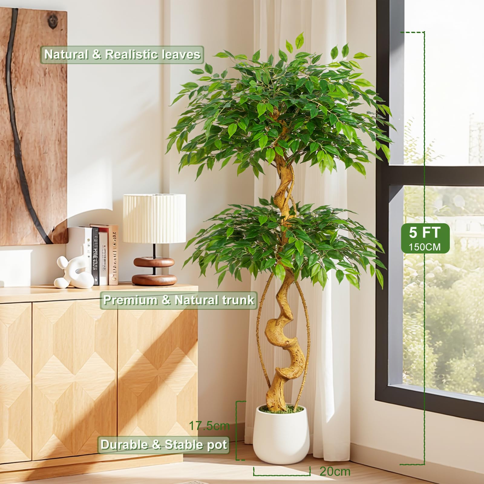 Phewnyzo 5ft Large Ficus Artificial Tree with White Pot 60 Inches Tall ...