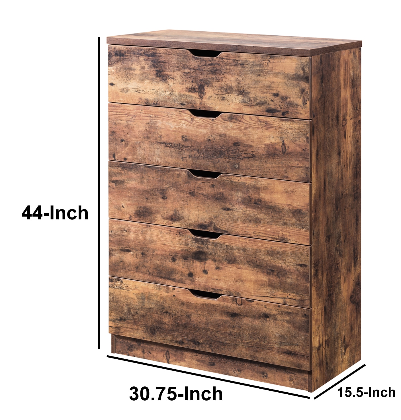 Rustic Brown Five-Drawer Vertical Chest with Metal Glides