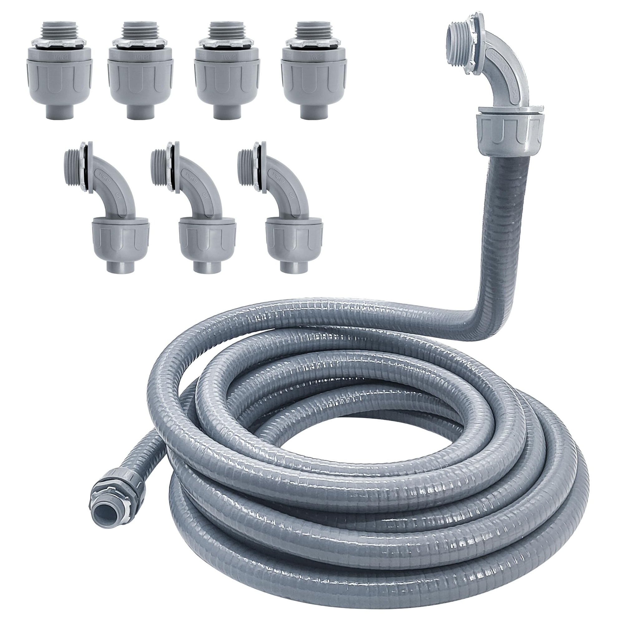 OGETFUUR 25 ft 1/2 in Gray Flexible Non Metallic Liquid Tight Electrical Conduit Kit for Residential Commercial Wiring featuring Durable PVC Material and Easy Bend Installation