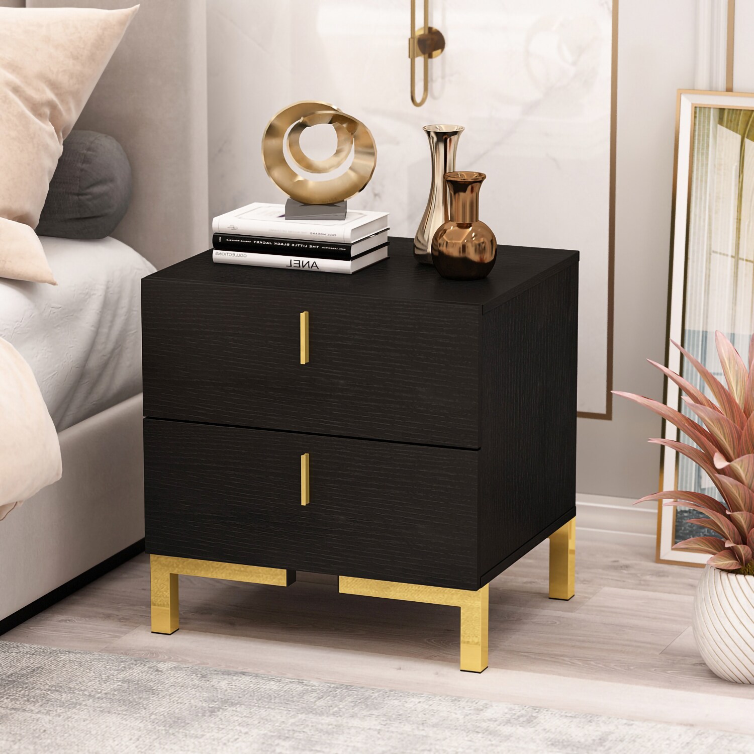 FUFU&GAGA Contemporary Black Nightstand with 2 Drawers - Durable Wood ...