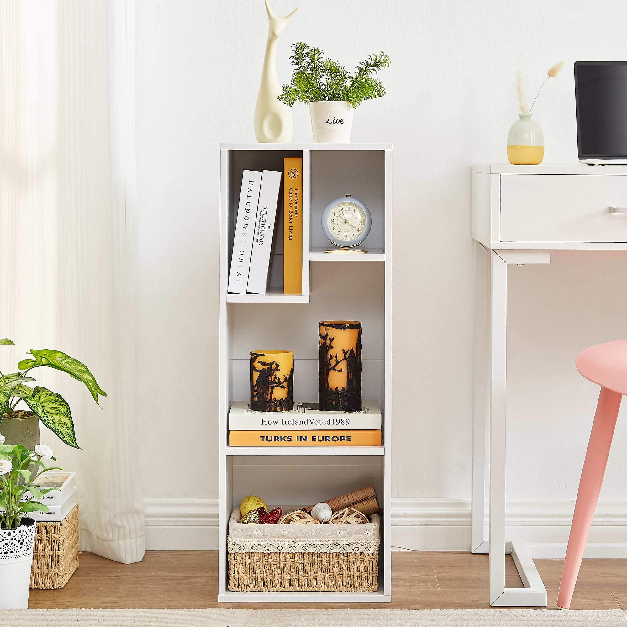Vecelo LOE-B07-WHT 4 Cube Slim Bookcase Small Bookshelf Horizontal Available Modern Floor Standing Unit