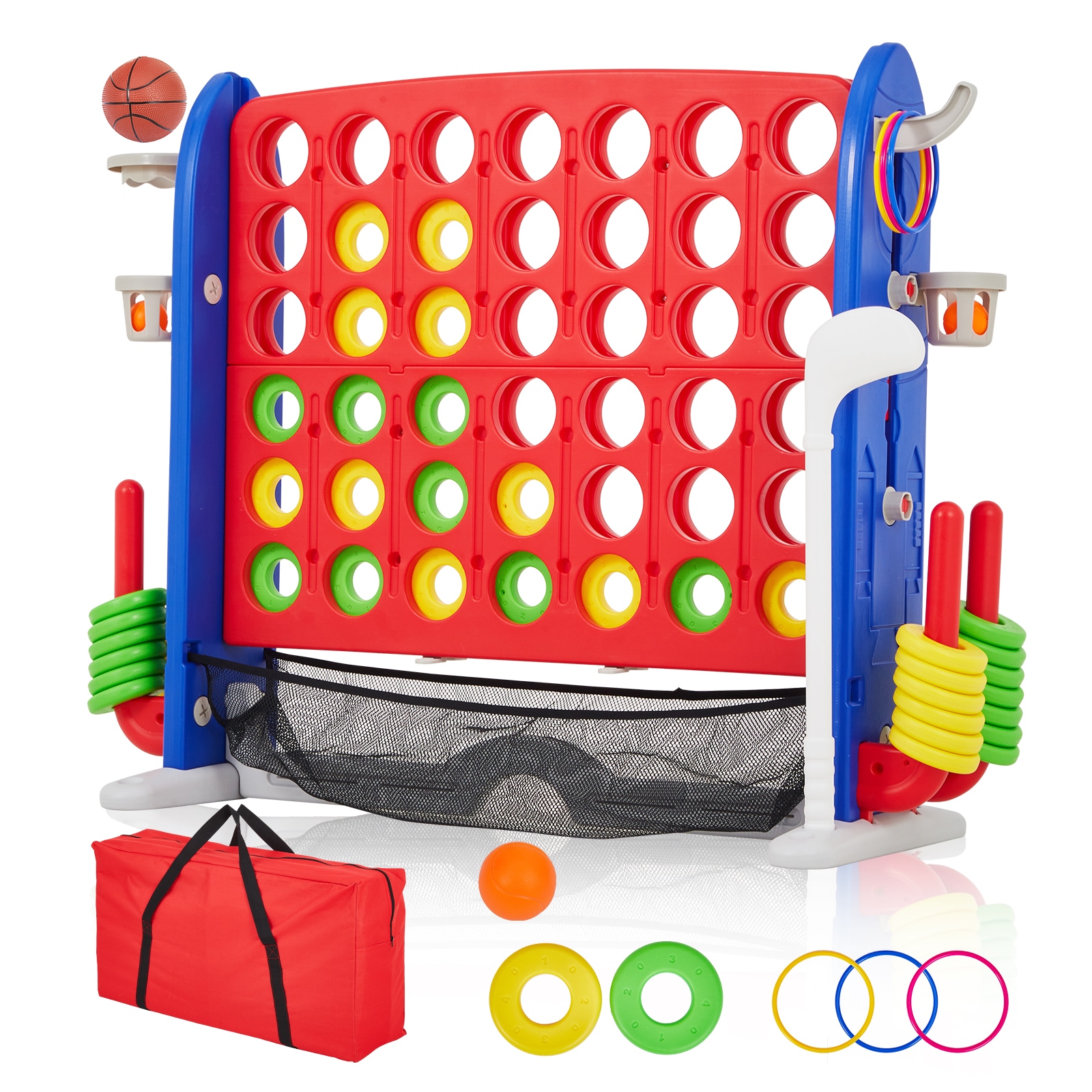 IdealHouse Giant 4 in a Row Game Adjustable Height Board Jumbo 4-in-a-Row Game with Quick-Release Slider Mini Basketball Golf and Ring Toss Set for Family Party Outdoor and Indoor