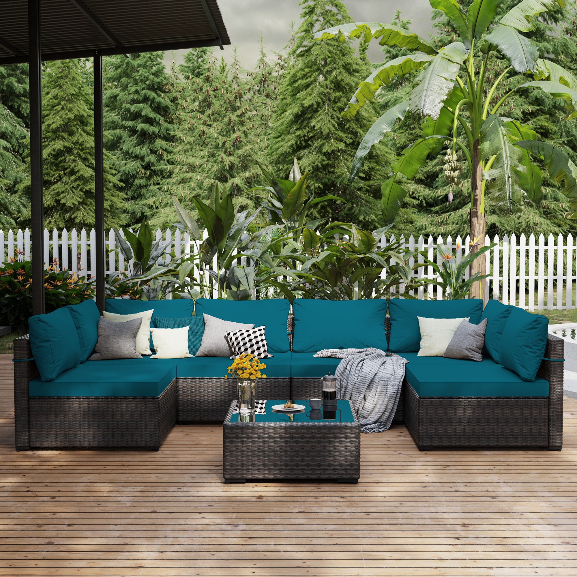 Patio Watcher RT-OD7-B11-3 7 -Piece Rattan Patio Conversation Set with Blue Cushions