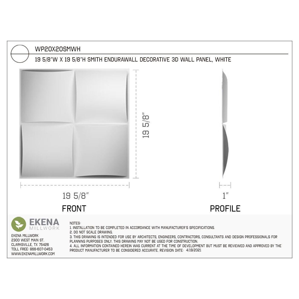 Ekena Millwork WP20X20SMWH Wall-Panels - View #2