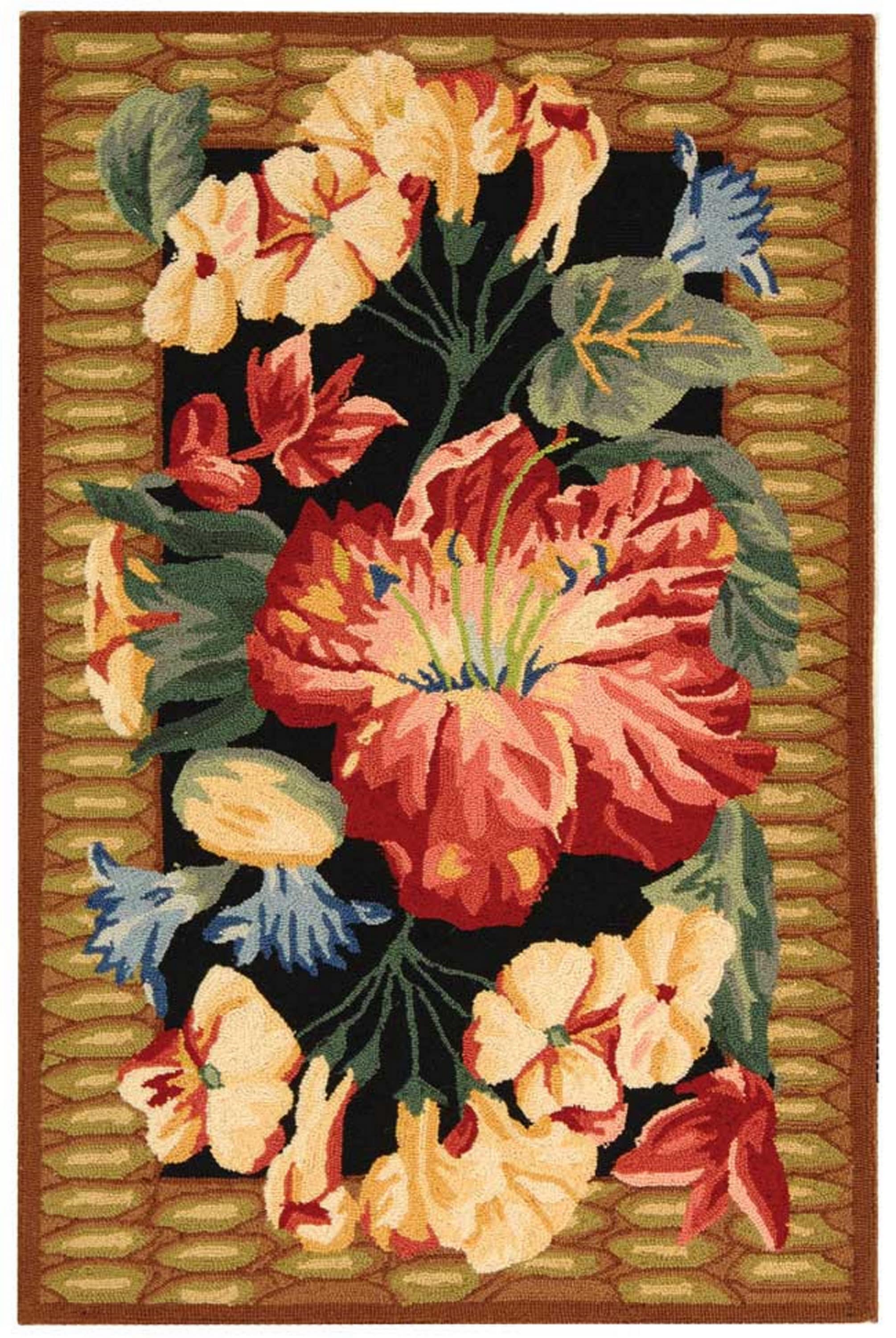 Handmade Black Floral Wool Rectangular Area Rug