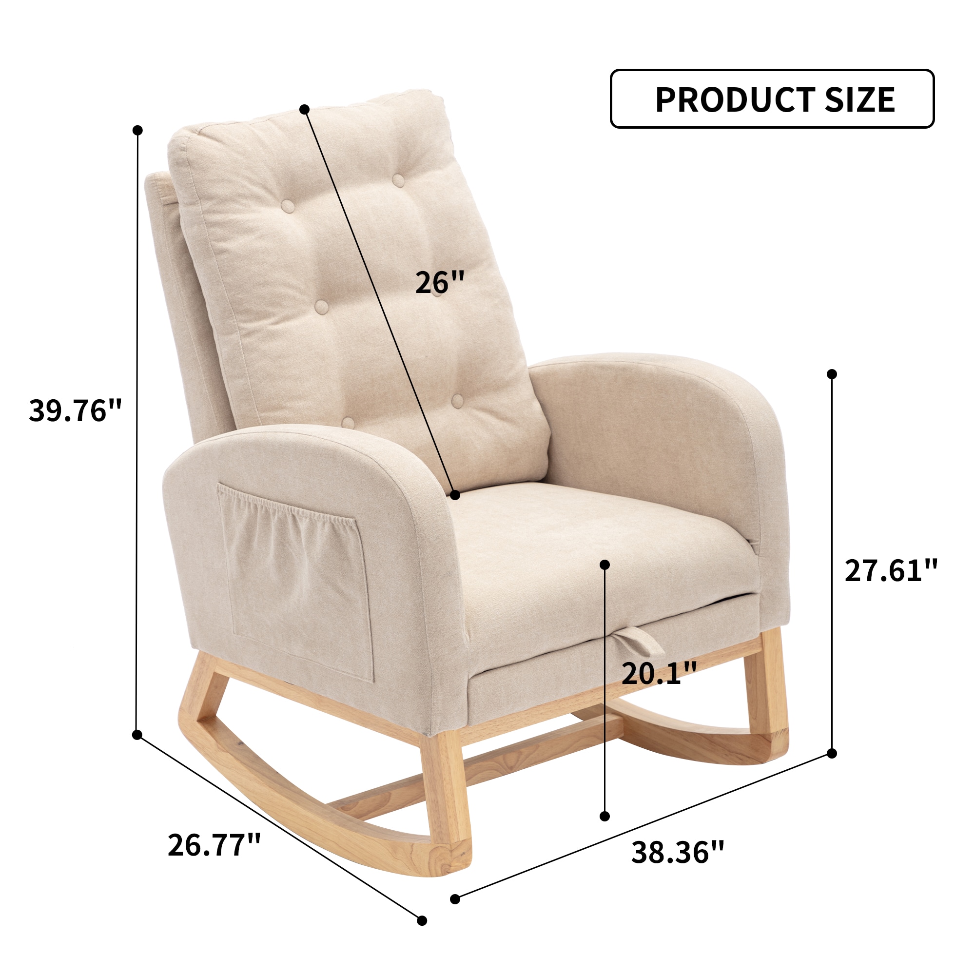 Product size diagram showing dimensions of beige rocking chair