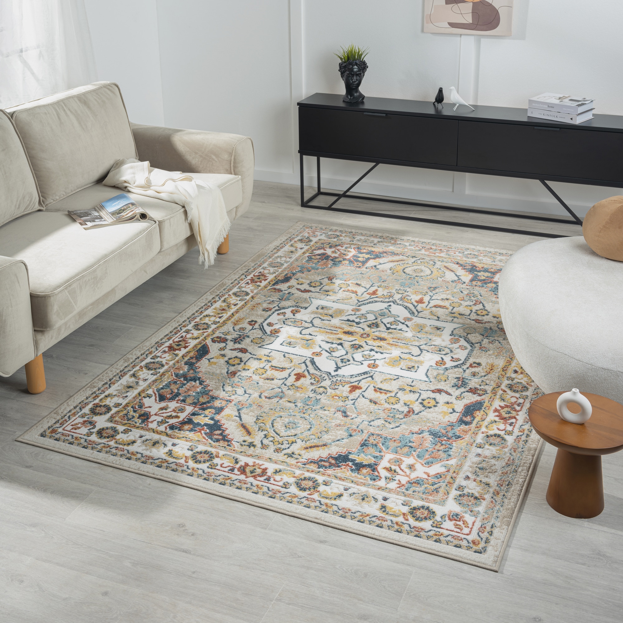 Arcady 5' x 8' Ivory and Blue Synthetic Rectangular Area Rug
