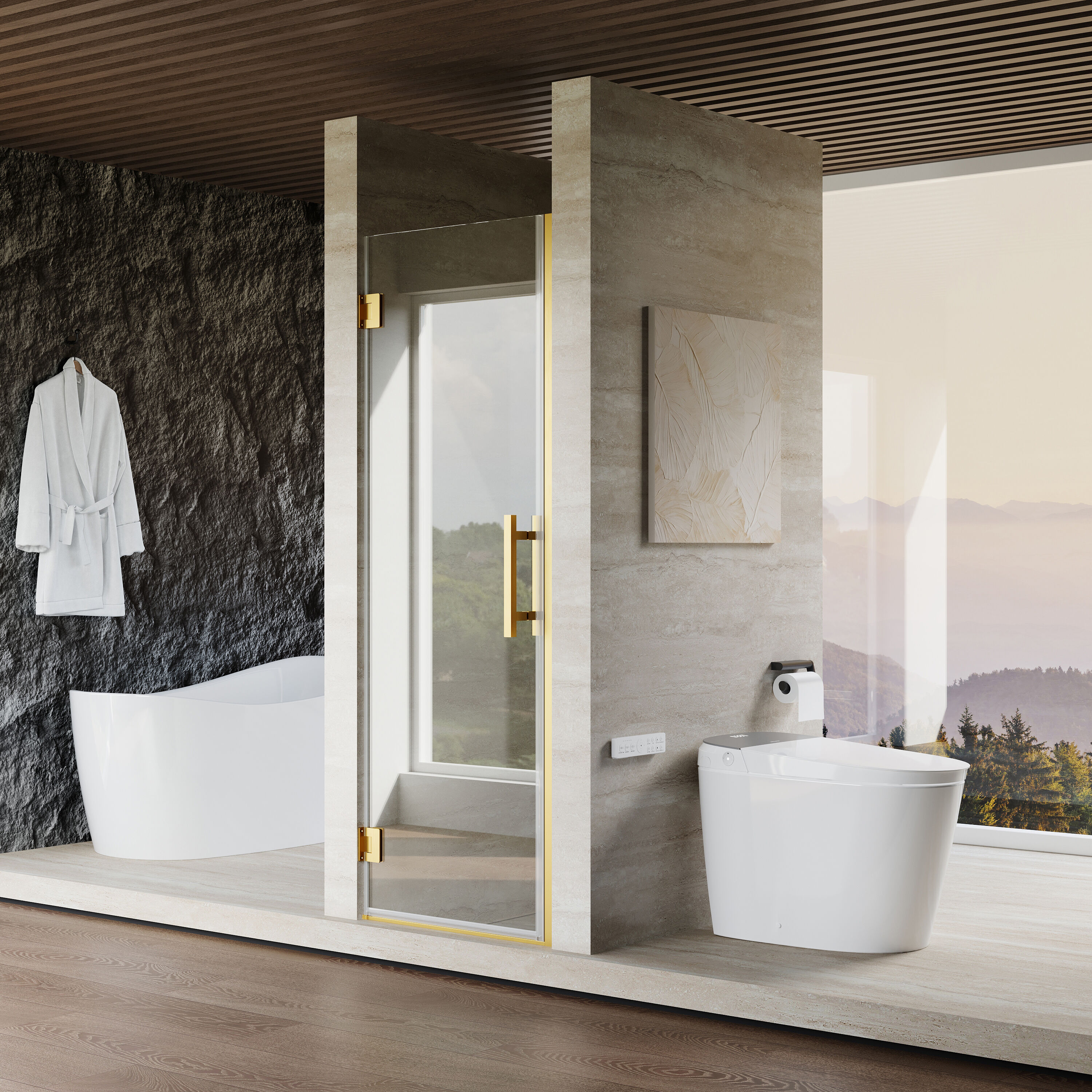Gtnali Brushed Gold 25-in to 26-in W x 72-in H Frameless Clear Glass Hinged Shower door
