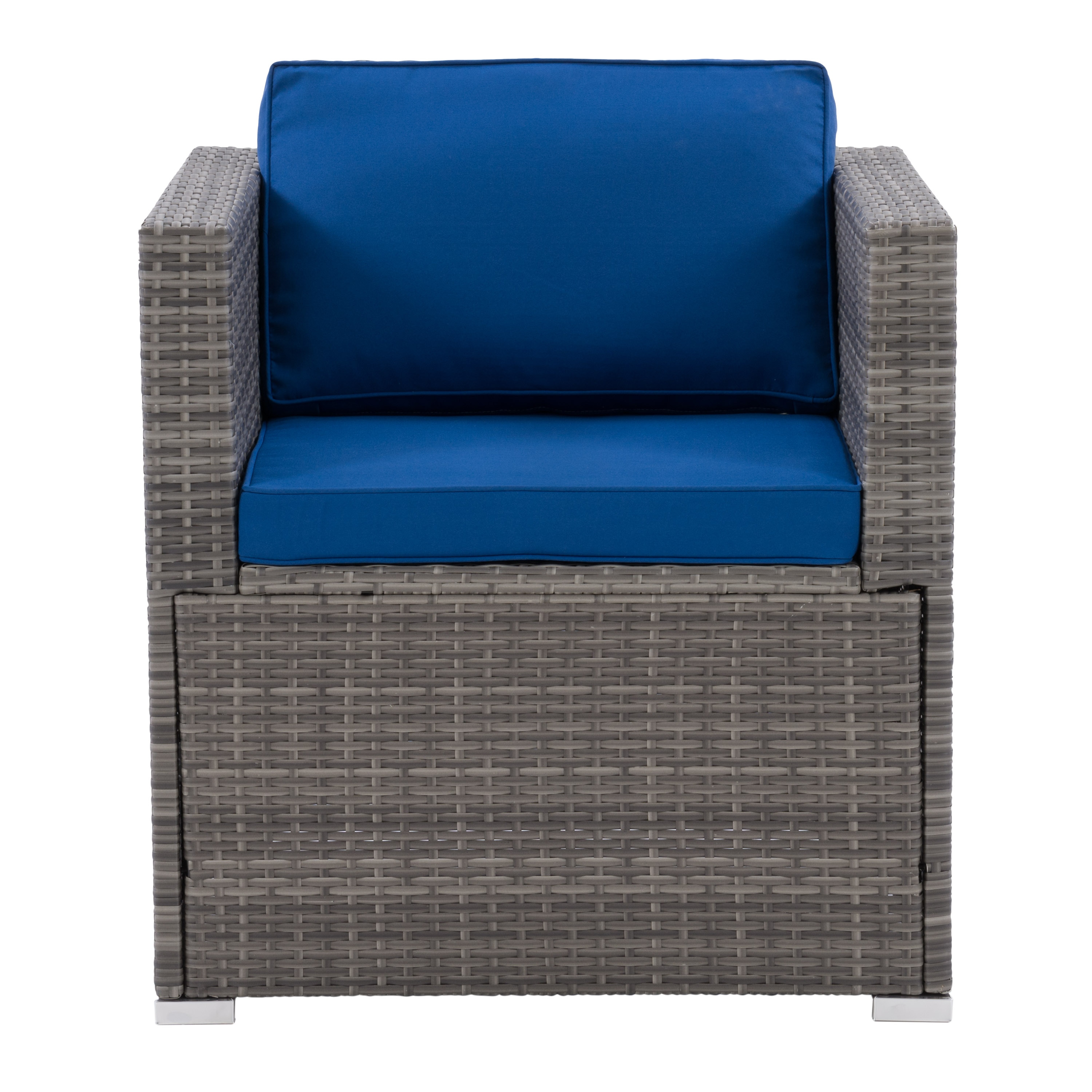 CorLiving PRK-402-C Parksville Rattan Grey Steel Frame Stationary Conversation Chair with Blue Cushioned Seat