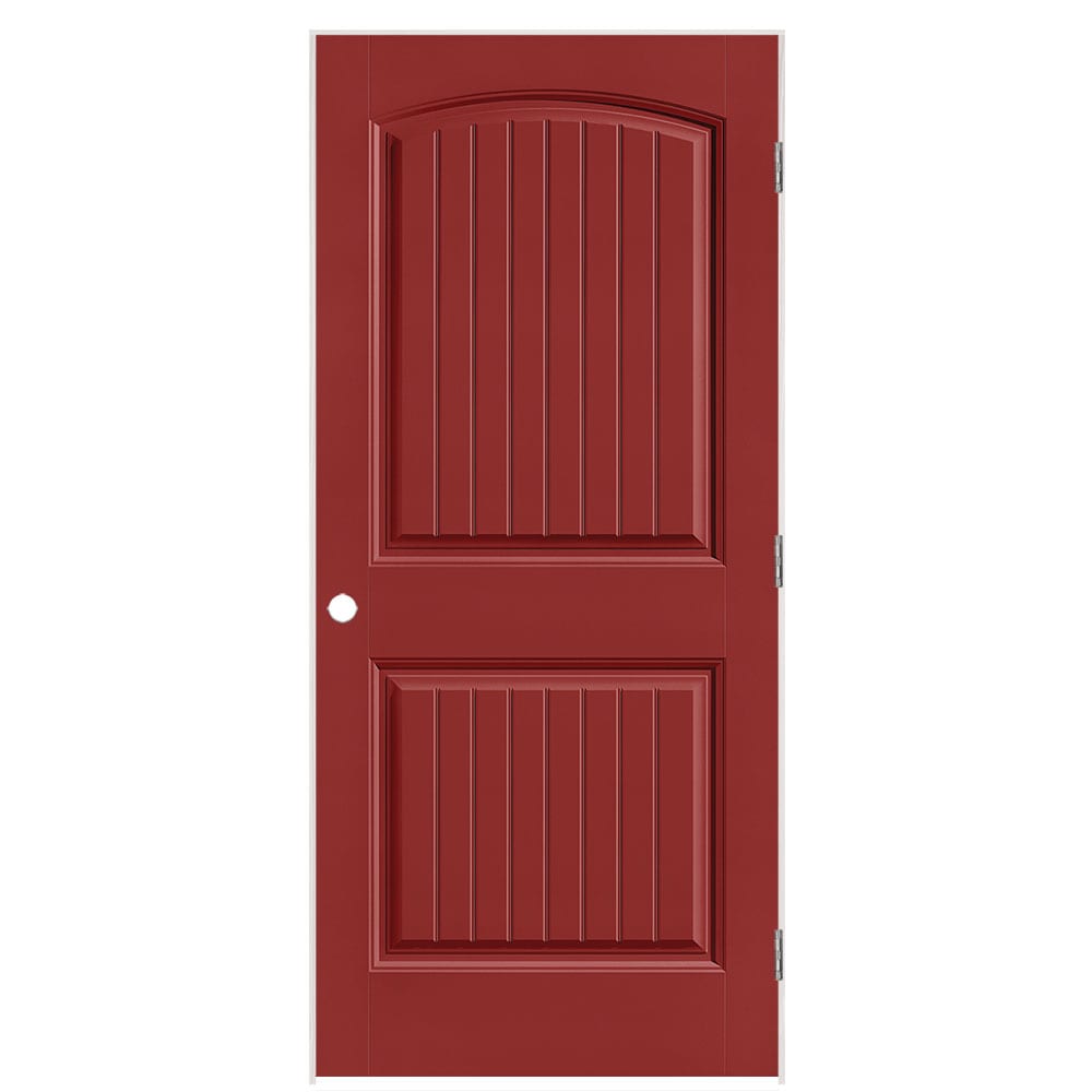 Masonite 1443619 36-in x 80-in Barn Red Hollow core 2-panel round top plank Right hand Smooth Prefinished Molded composite Flat Jamb Single Prehung Interior Door