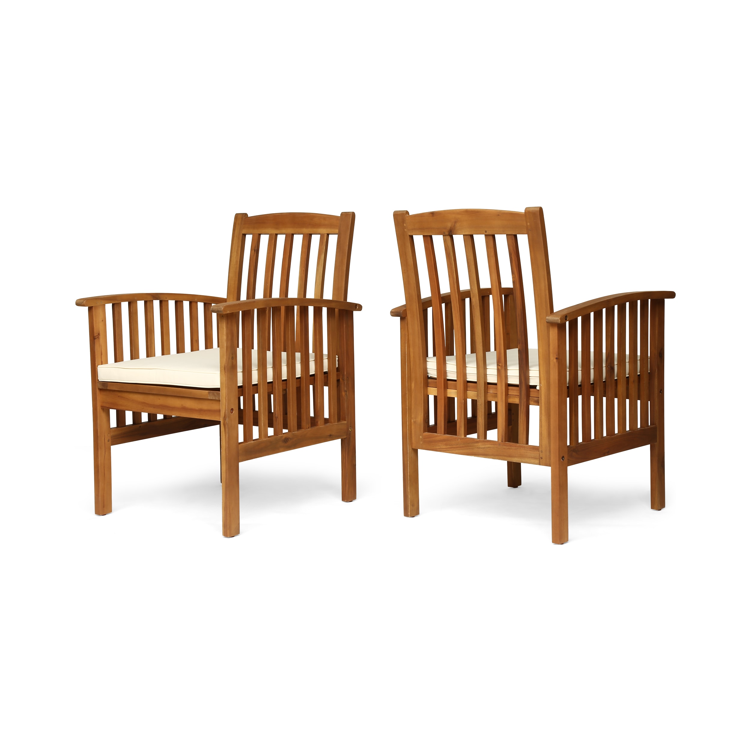 AAZJ JDU-820AAA Patio Chair Set of 2 Brown Wood Frame Stationary Dining Chair with Cream Cushioned Seat